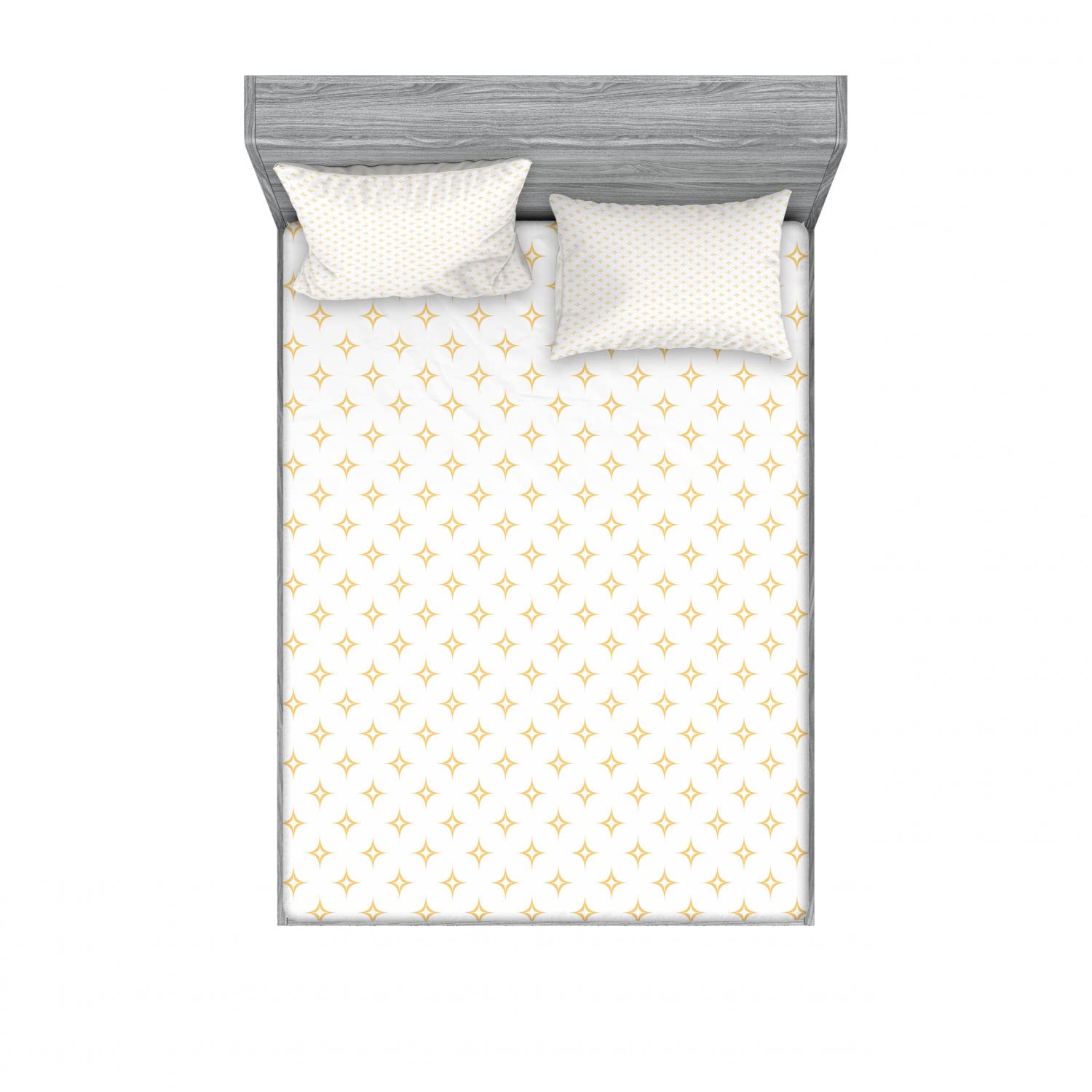 Ambesonne Retro 2-Piece Queen Size Fitted Sheet Set with 4 Pillow Shams - Star Pattern Luxury Bedding in Apricot Yellow & White - Perfect for Guest Rooms, Dorm Decor & Vintage Style Bedrooms