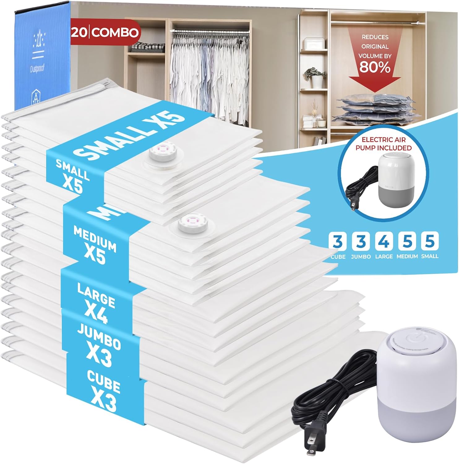 6 Pack Vacuum Storage Bags with Electric Air Pump - Jumbo Cube Space Saver Bags (39x13x32 Inch) - Extra Large Vacuum Sealer Bags for Comforters, Blankets, Bedding & Clothes - Perfect for Seasonal Storage, Travel & Home Organization