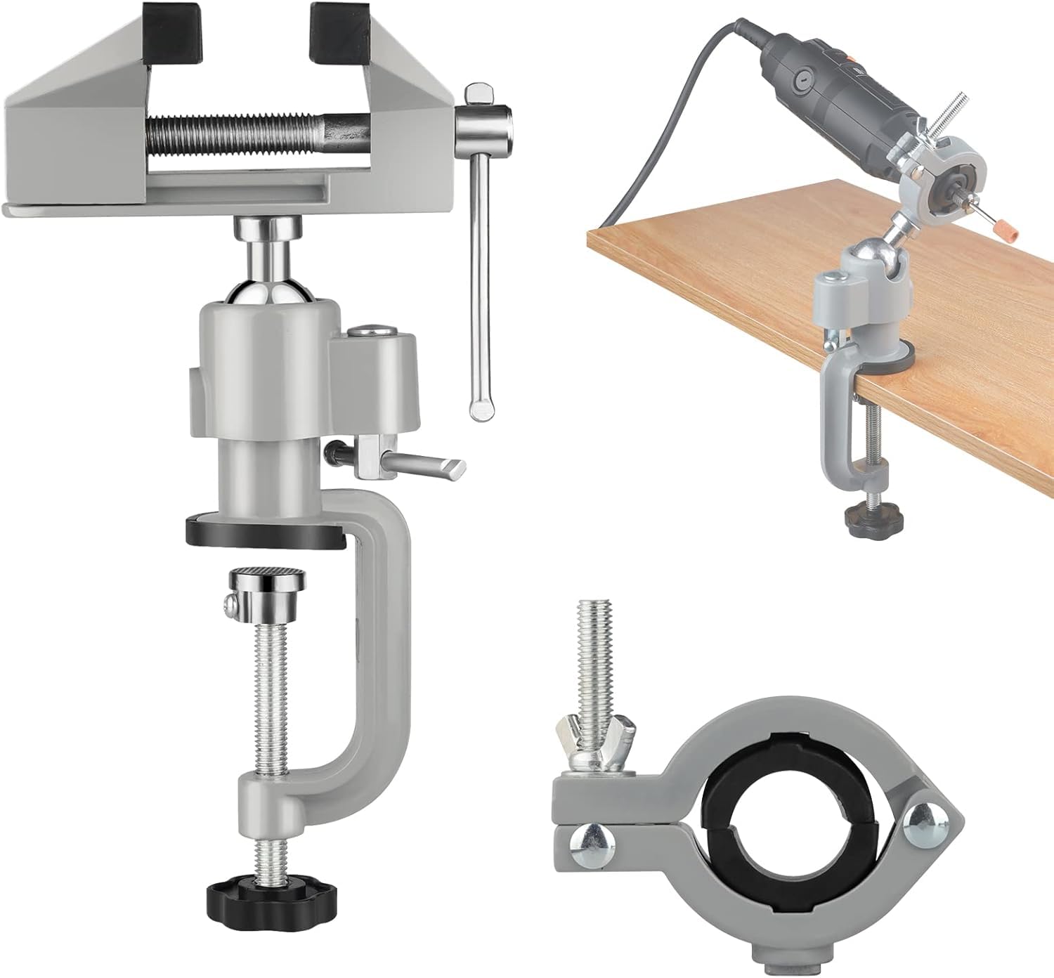 360° Rotating 2-in-1 Universal Table Vise with Electric Drill/Grinder Holder - Heavy Duty Clamp-On Workbench Vise for Woodworking, Metalworking, Jewelry Making, DIY Projects & Home Workshop (3 Inch) - Perfect for Drilling, Sawing, Grinding & Crafting Tasks