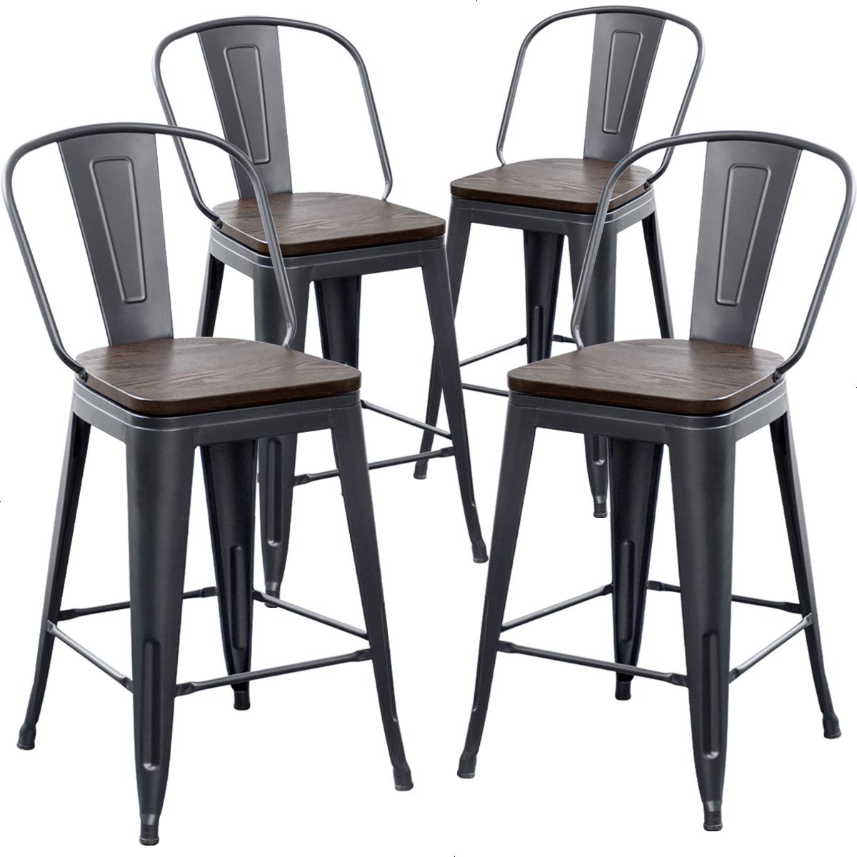 AKLAUS 24 Inch Counter Height Bar Stools Set of 4 - Farmhouse Style High Back Bar Chairs with Larger Seat & Removable Backs, Matte Black Metal Stools for Kitchen Island, Breakfast Nook & Home Bar Decor