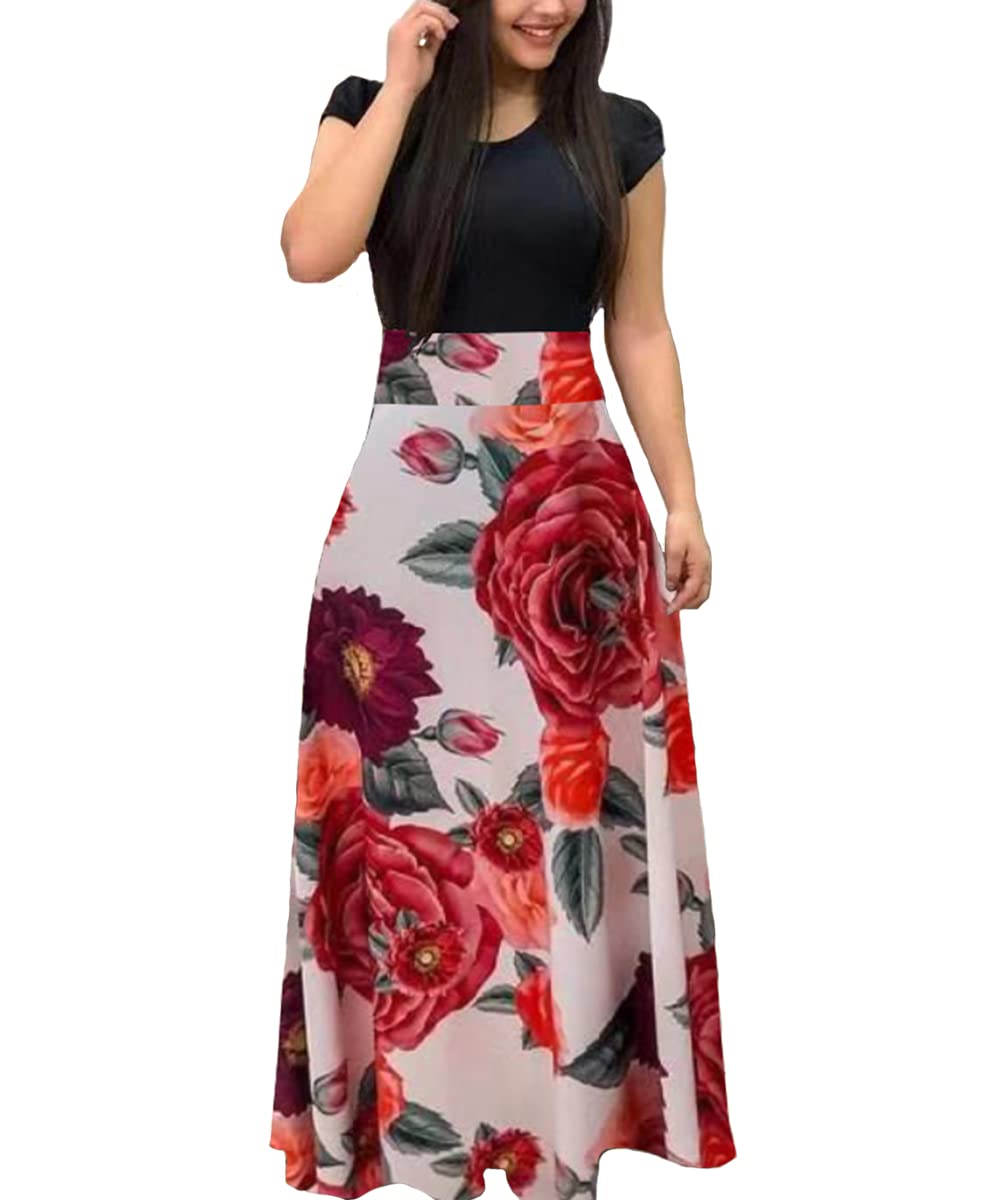 Aublary Women's Long Sleeve Maxi Dress with Floral Print - Round Neck Casual Tunic Dress for Spring, Summer, Beach & Vacation Wear