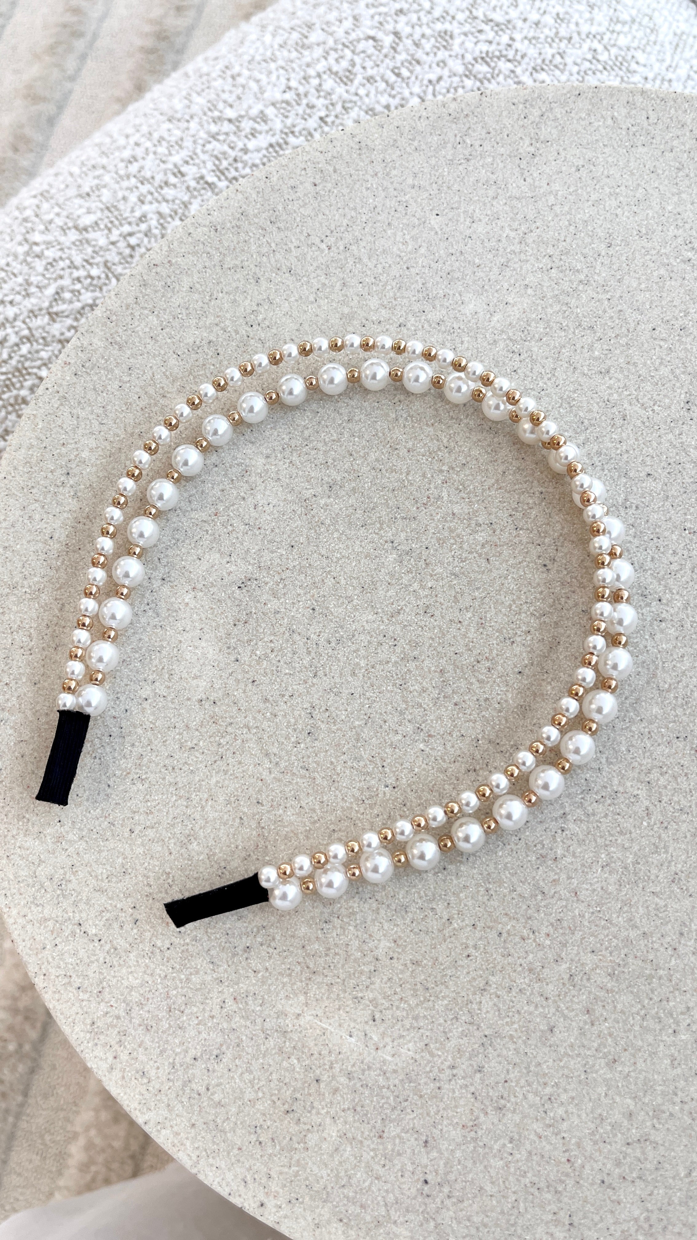 Alice Pearl Metal Ball Headband - Cream & Gold Hair Accessory for Women, Bridal Party, Prom, Wedding, and Special Occasions