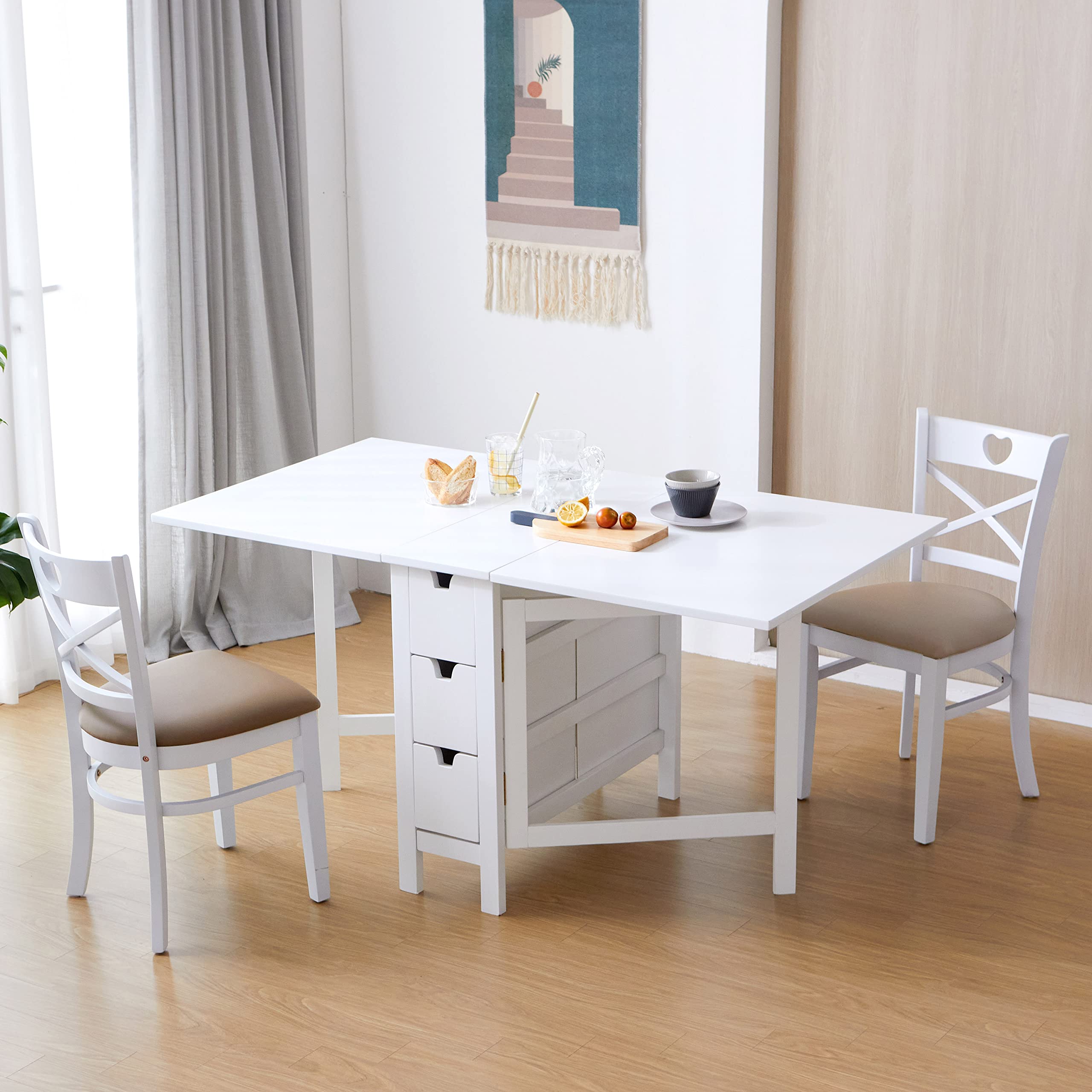 Livinia Wings Gate-Leg Solid Hardwood Expandable Dining Table - Space Saving Drop Leaf Kitchen Table with 6 Drawers (White, Fully Assembled) | Perfect for Small Apartments, Breakfast Nooks & Cozy Dining Spaces