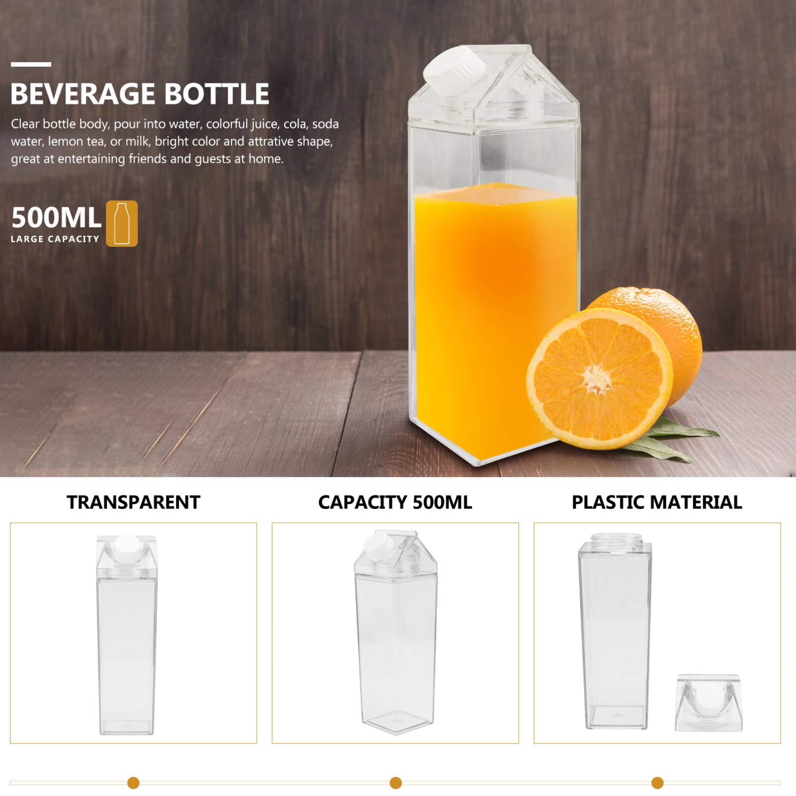 DOITOOL 2-Pack 500ML Clear Plastic Milk Carton Water Bottles - Reusable Empty Portable Drink Containers for Outdoor, Camping, Hiking & Travel - BPA Free Leakproof Design