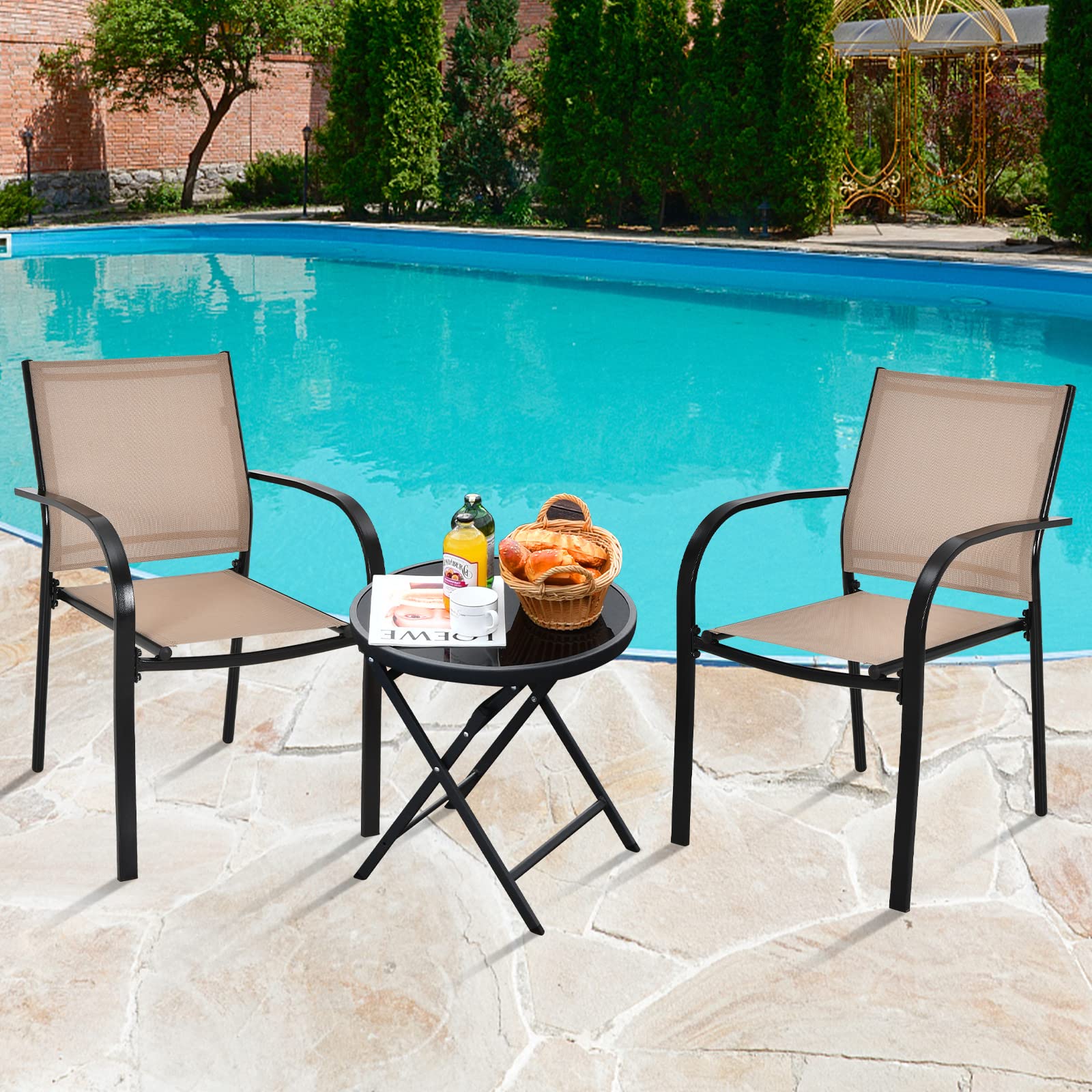 Tangkula Set of 4 Stackable Patio Dining Chairs with Armrests - Rust-Resistant Steel Frame & Quick-Drying Fabric - Outdoor Bistro Chairs for Backyard, Garden, Lawn, Poolside & Restaurant Use