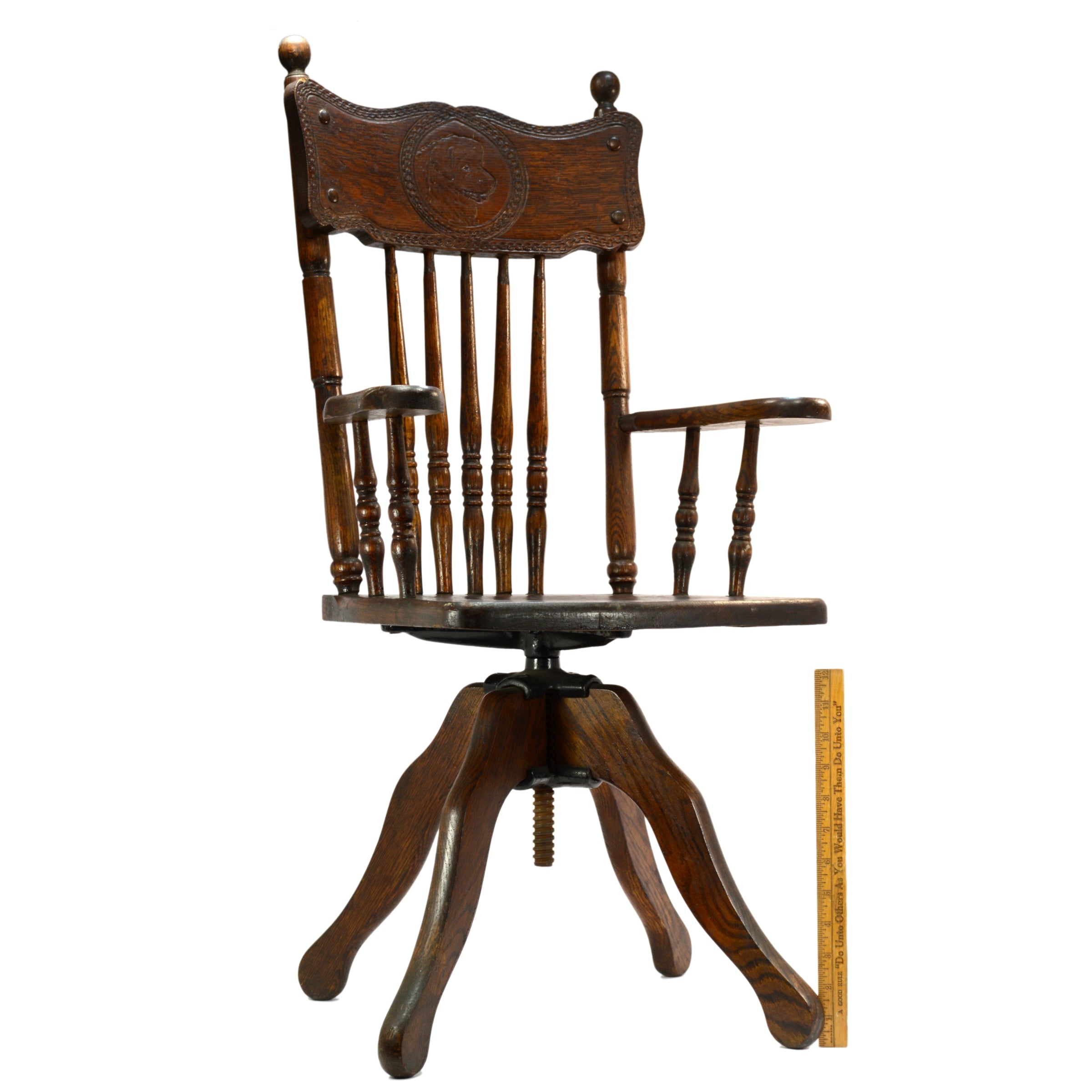 Antique 19th Century Child Size Wooden Swivel Chair with Carved Dog Banister Spindle Back - Oak Wood Vintage Kids Chair for Nursery, Bedroom or Playroom Decor