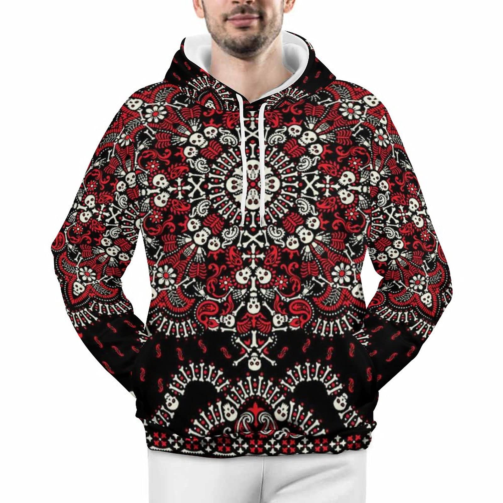 Stylish Paisley Skulls & Bones Print Long Sleeve Hoodie - Warm Plush Pullover Sweatshirt for Men & Women | Perfect for Casual Wear, Sports & Outdoor Activities