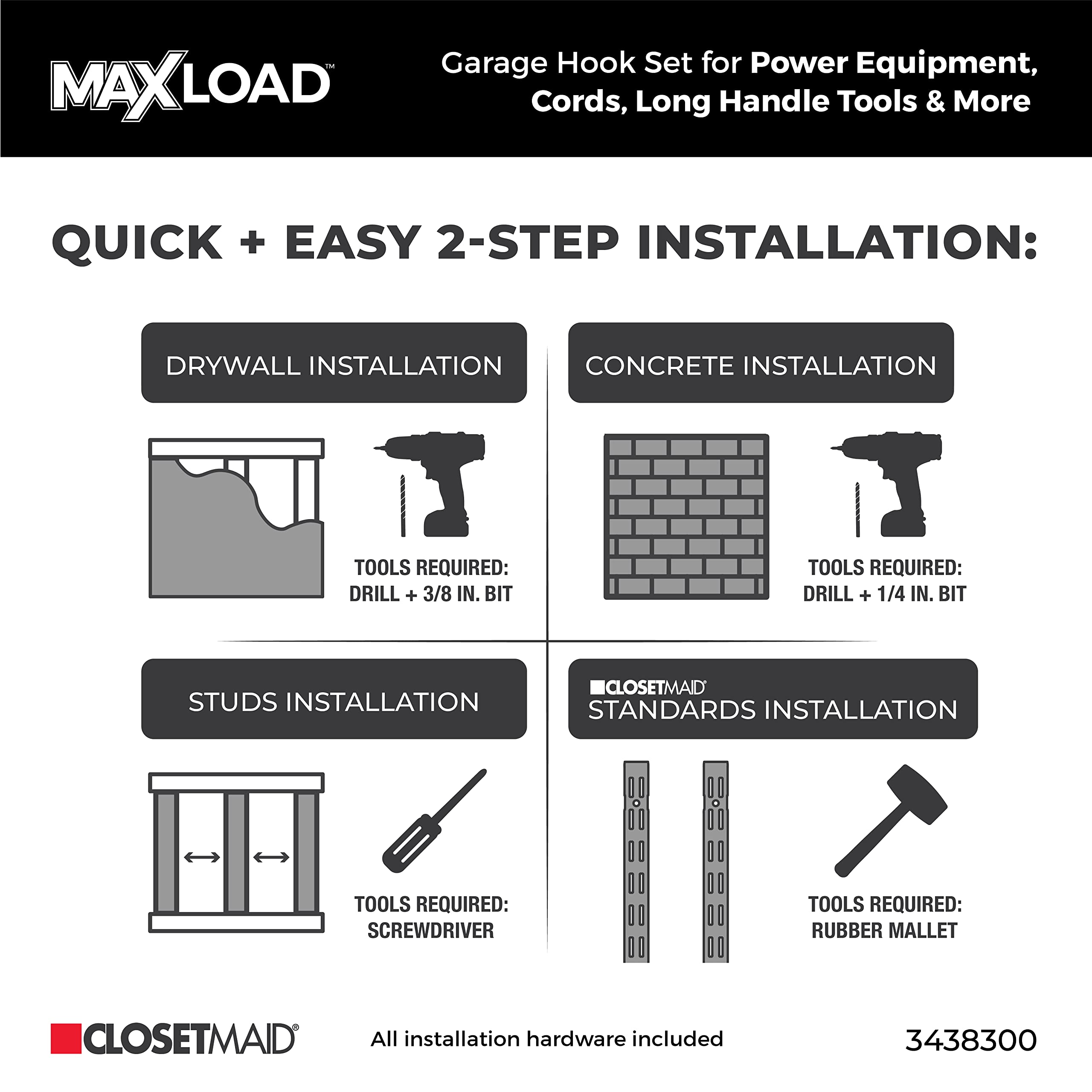 ClosetMaid MaxLoad 5-Pack Heavy Duty Wall Mount Garage Hooks & Hangers - Organize Cords, Power Tools, Long Handle Equipment, Hoses & Shovels (Black) - Perfect for Garage, Workshop & Home Storage Solutions