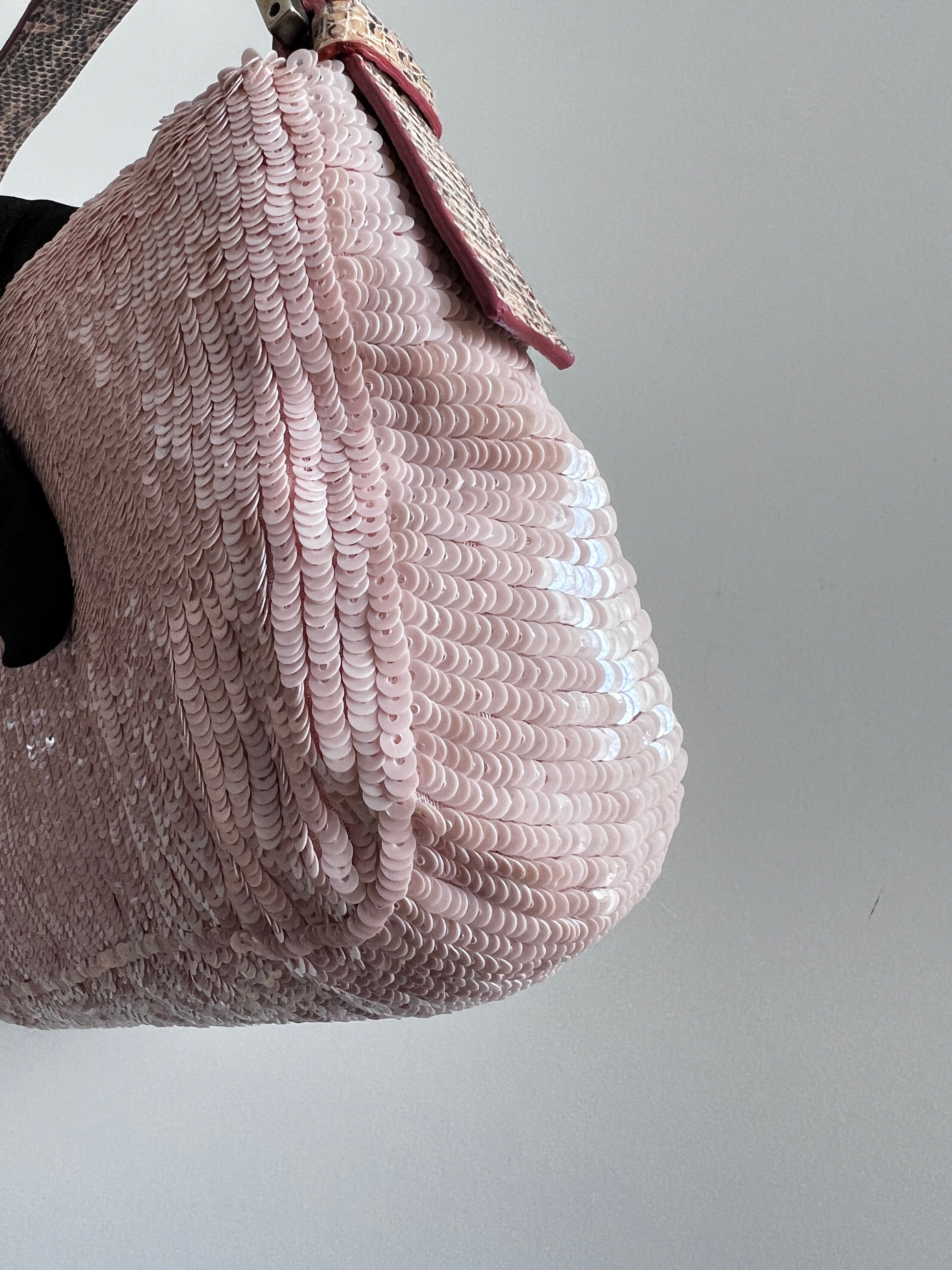 Vintage Fendi Sakura Pink Sequin Baguette Bag - Luxury Designer Shoulder Purse for Women, Perfect for Evening Parties & Special Occasions