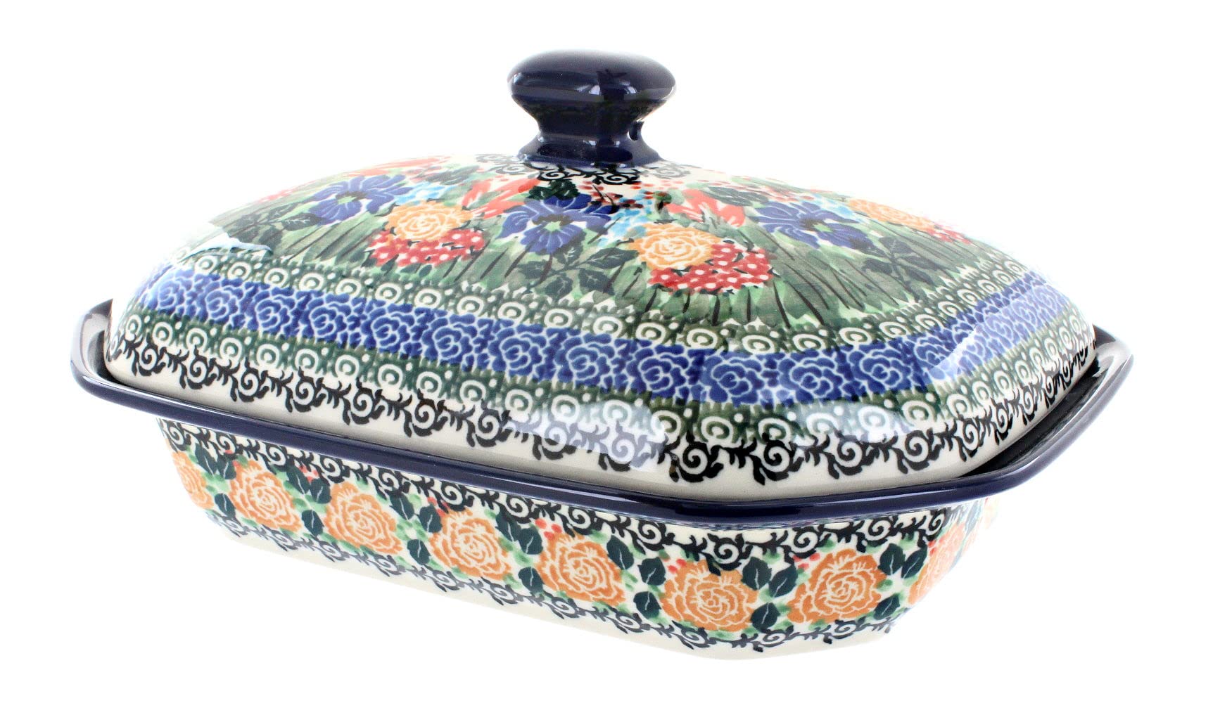Blue Rose Polish Pottery Summer Blooms Medium Covered Baker - Handmade Ceramic Baking Dish for Casseroles, Pies & Desserts - Perfect for Family Dinners & Holiday Gatherings