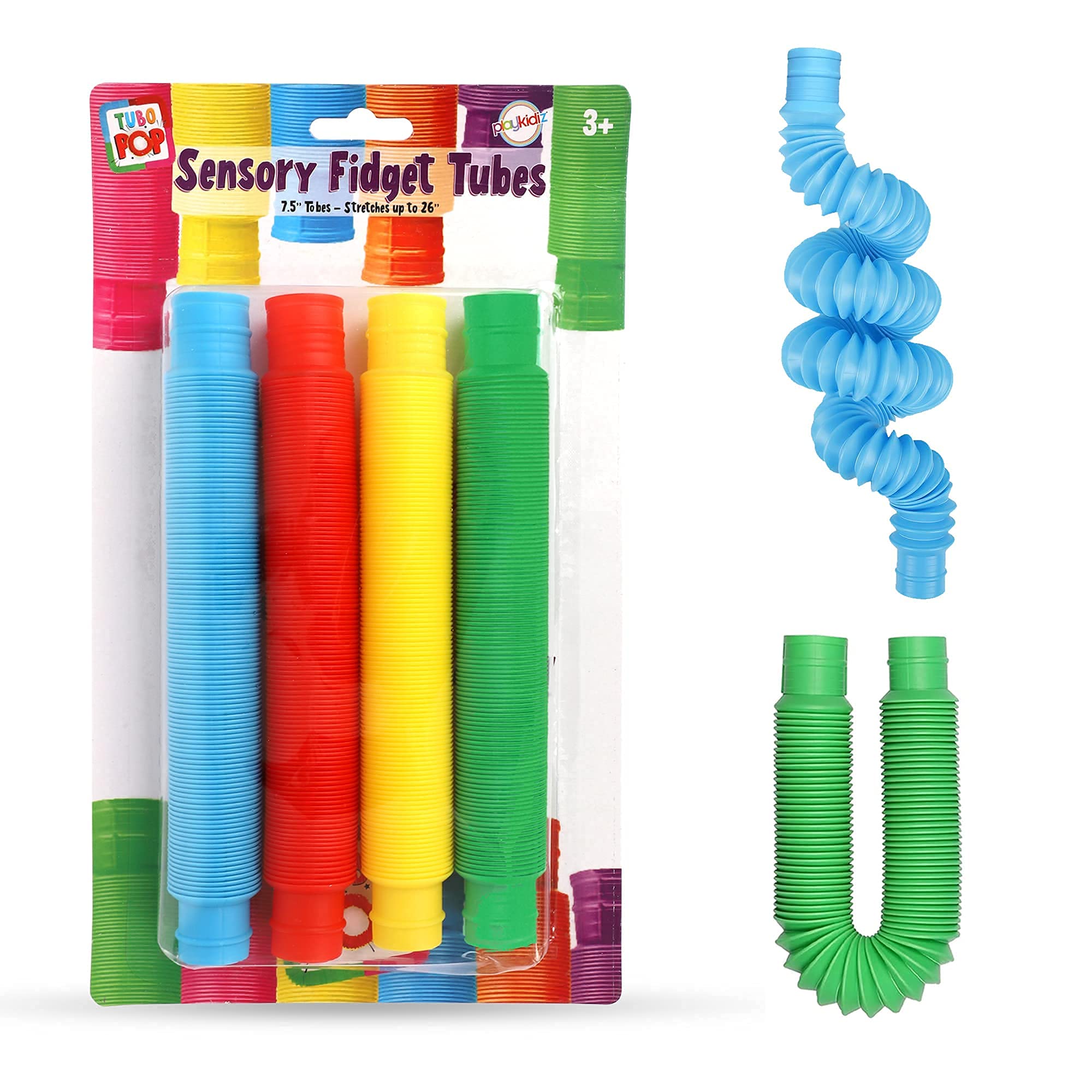 Playkidz 4 Pack Pop Tubes Sensory Toys for Kids & Adults - Stretchy Fidget Toys for Fine Motor Skills, Stress Relief & Learning - 7.5