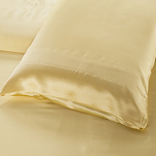 19MM Heavy Weight Seamless Silk Sheets Set - 4pc Queen Size Bedding (Fitted & Flat Sheets) in Gold | Luxury Soft & Breathable for All-Season Comfort - Perfect for Master Bedrooms, Guest Rooms & Hotel Style Decor