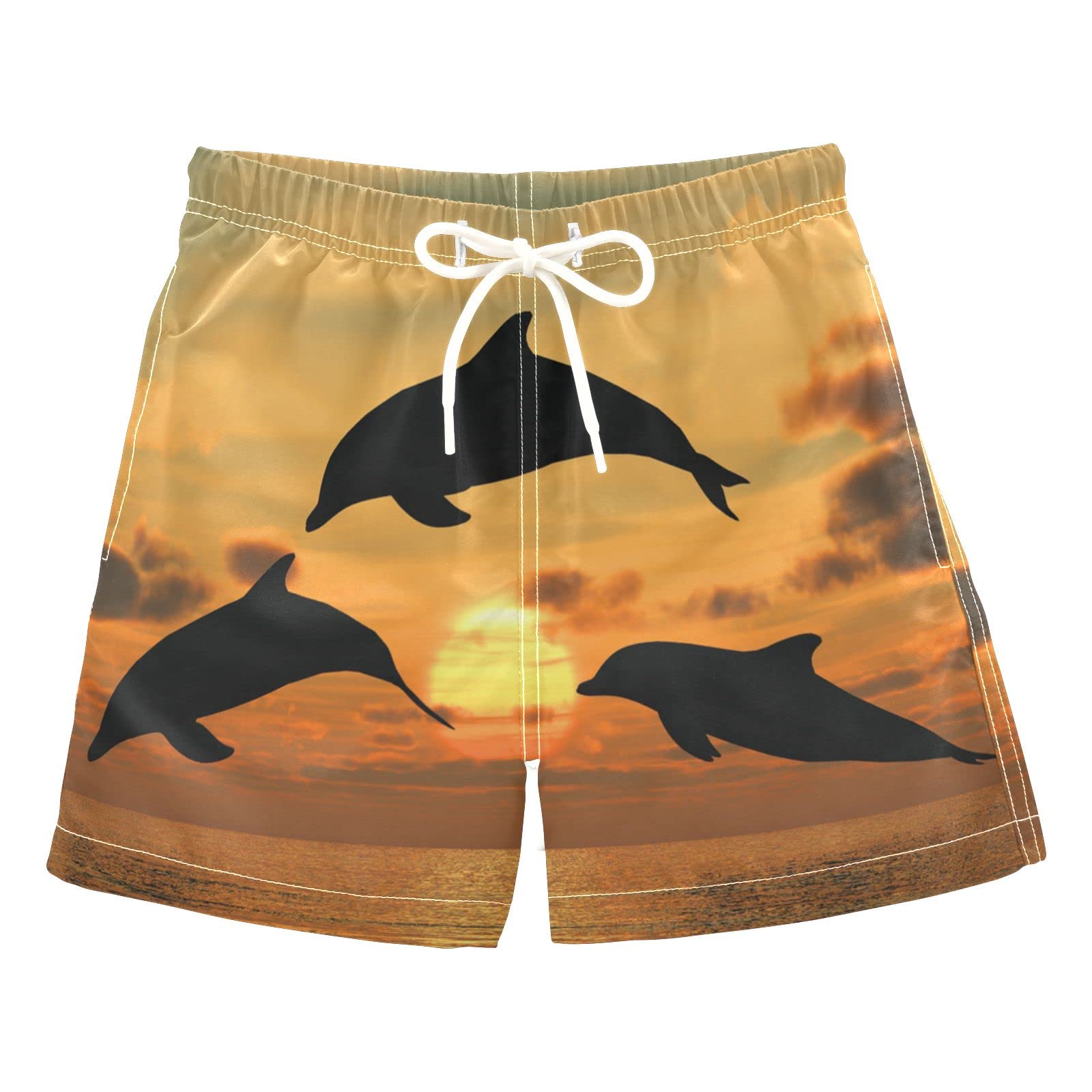 **Boys' Quick-Dry Swim Trunks with Dolphin & Sunset Print - Toddler Bathing Suits for Kids 2-8 Years - Perfect for Beach, Pool & Summer Play**