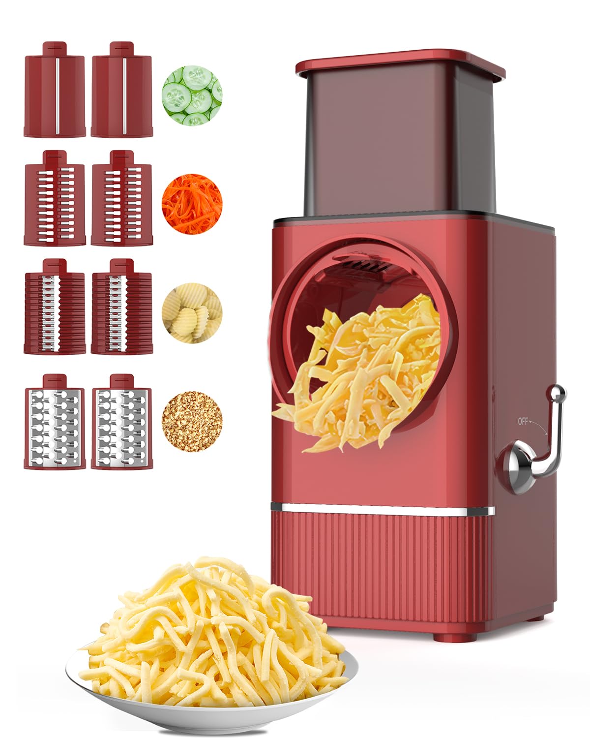 Electric Cheese Grater & Vegetable Shredder - 8 Multi Blades Automatic Food Processor for Block Cheese, Potatoes, Carrots, Fruits & Nuts | Perfect for Salads, Pizza Toppings, Baking & Meal Prep