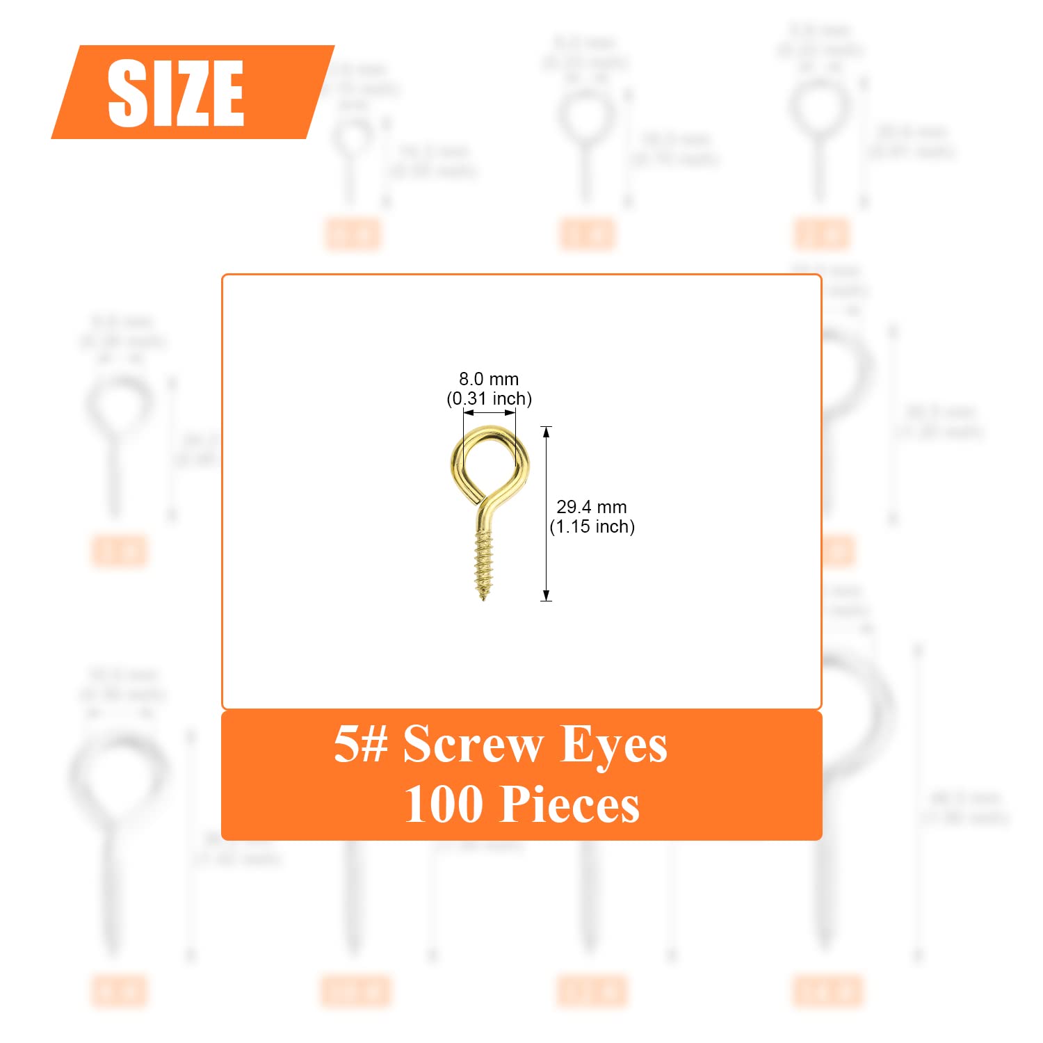 100 Pieces 5# Screw Eye Hooks - Brass Plated Steel Screw Eyes with Gold Finish - Heavy Duty Metal Screw Eye Pins for Hanging Plants, Wind Chimes, Christmas Decorations & DIY Crafts