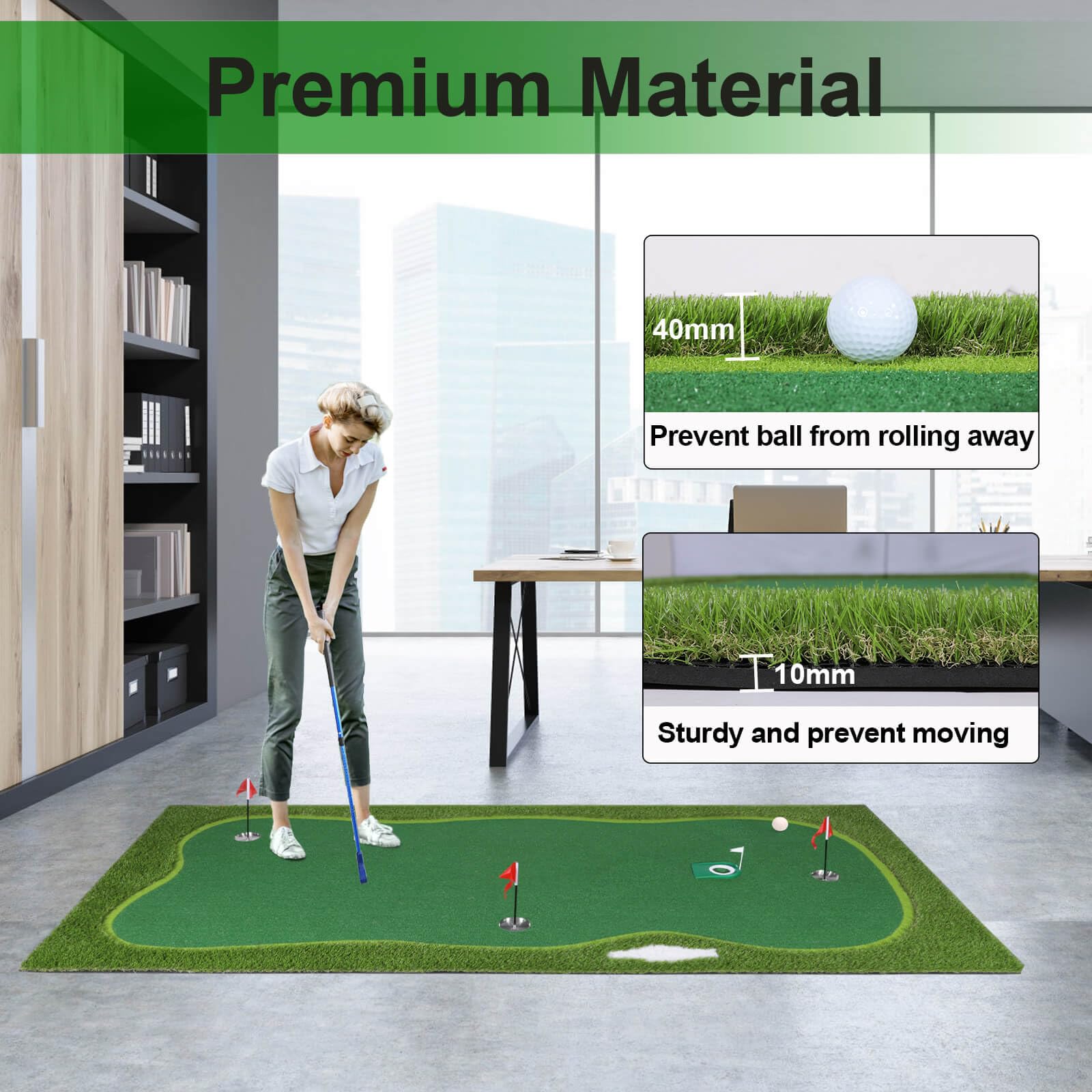 Professional Golf Putting Green Mat with Putter, Movable Cup & Slope Pad - Indoor/Outdoor Golf Training Aid for Home Practice & Backyard Drills