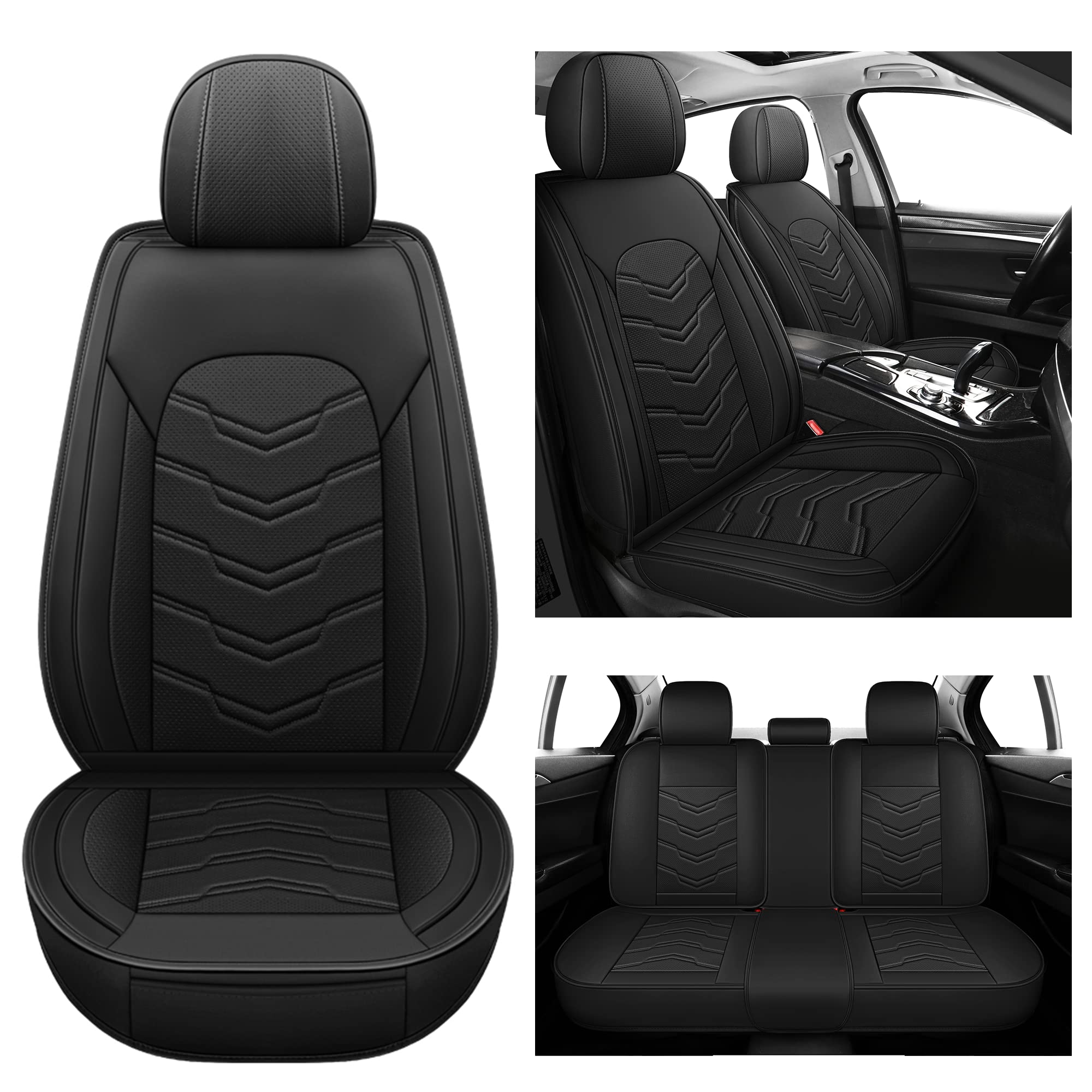 Premium AOOG Leather Car Seat Covers 5-Piece Full Set - Breathable Leatherette Universal Fit for Most Sedans, SUVs & Trucks | Waterproof, Non-Slip & Airbag Compatible Interior Protection | Perfect for Daily Commute, Road Trips & Family Travel (Black)