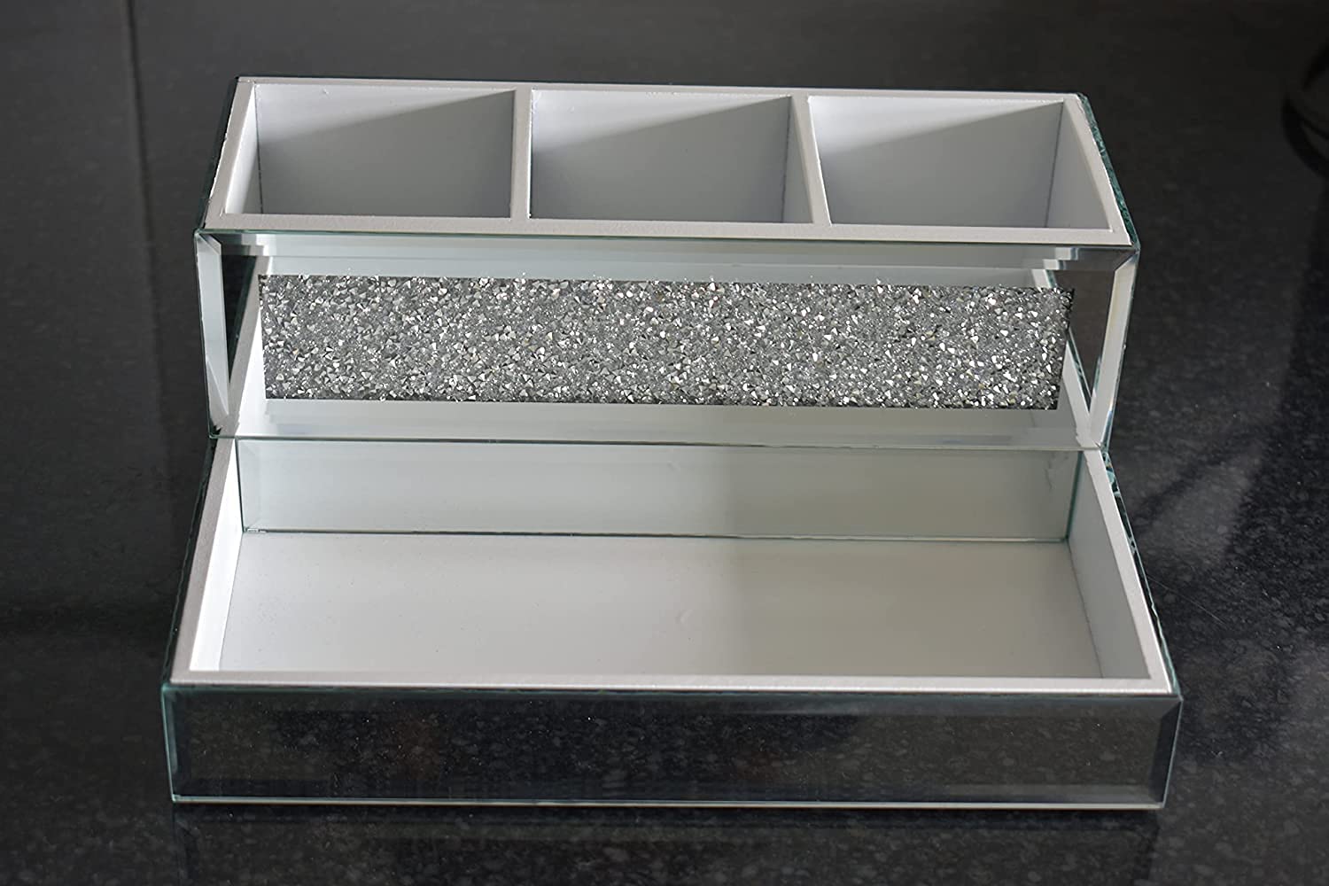 Biznest Crystal Glamour Beauty Box - Diamond Jewel Mirror Makeup Brush Organizer (25x20x10cm) | Perfect for Vanity Table, Travel & Gift | Cosmetic Storage Case for Brushes, Jewelry & Makeup Accessories