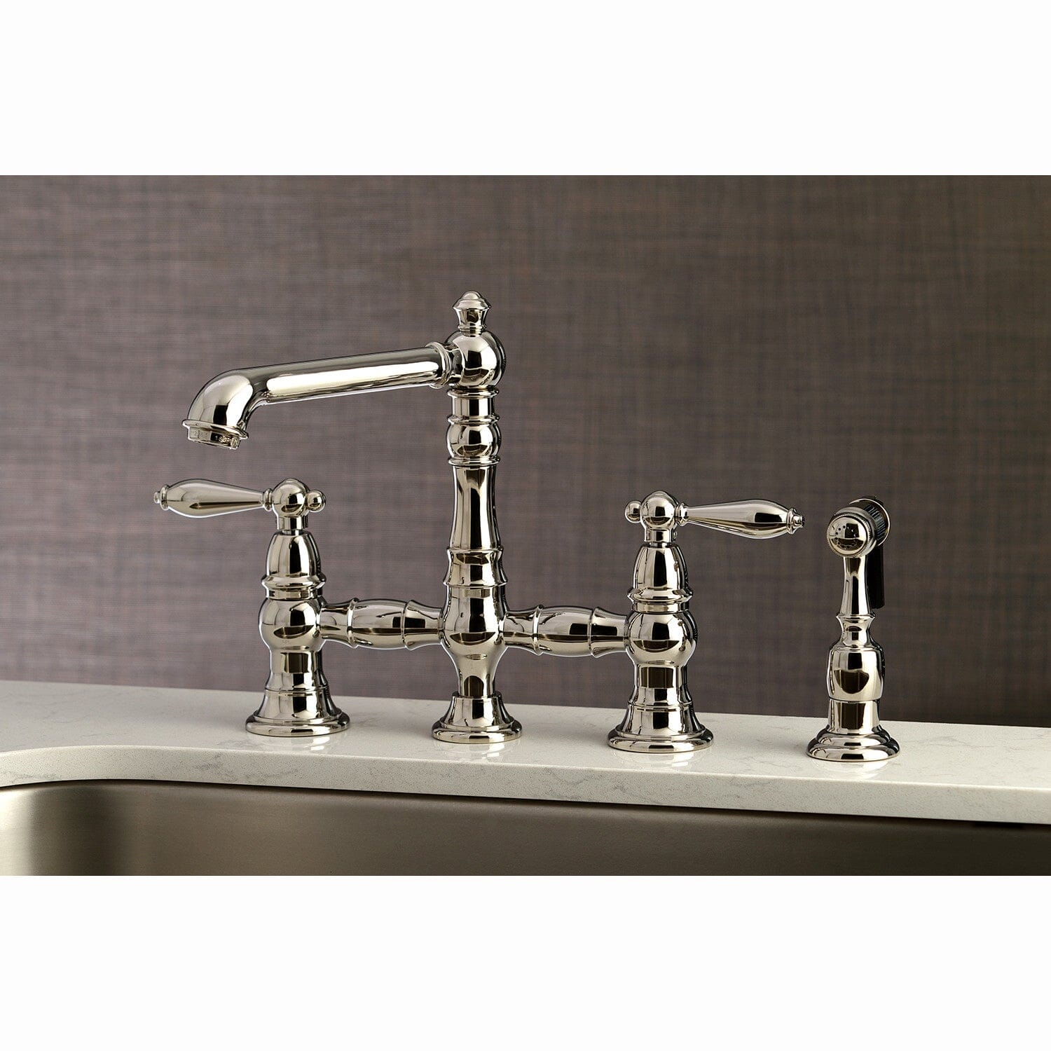 English Country Style Two-Handle 4-Hole Deck Mount Bridge Kitchen Faucet with Brass Side Sprayer - Perfect for Farmhouse, Vintage, and Traditional Kitchen Designs