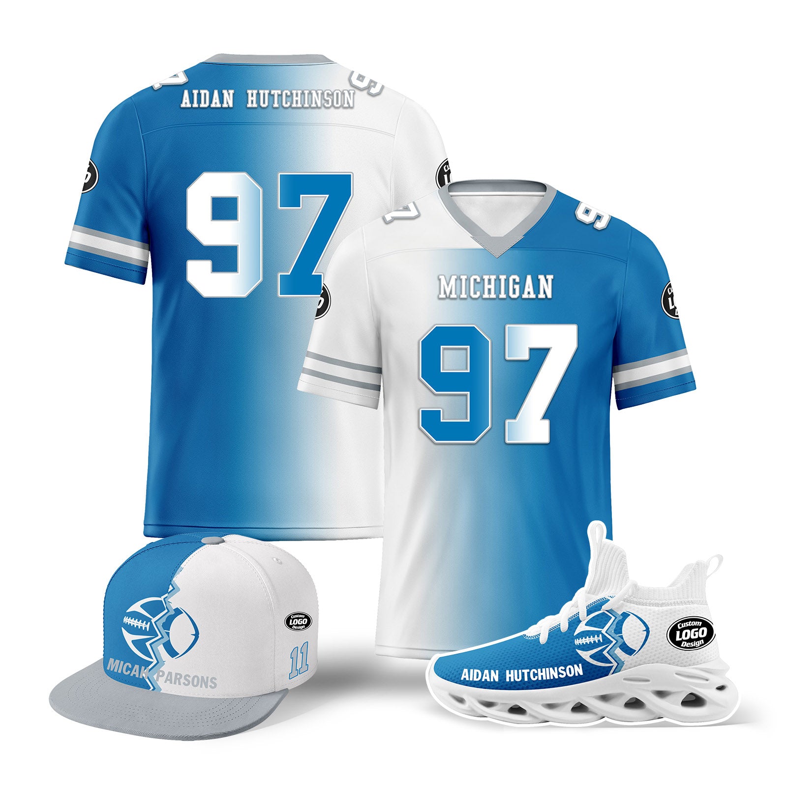 Custom Blue & White Michigan Football Jersey with MaxSoul Shoes & Hat Combo - Personalized Sports Fan Gift Set for Game Day & Tailgating