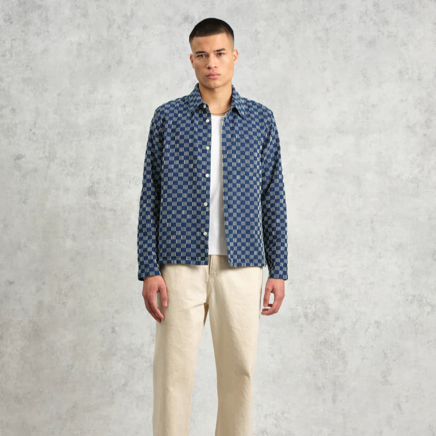 Breton Overshirt Grid Stitch Jacket - Indigo & Ecru Checkered Shirt for Men | Casual Wear, Layering, Outdoor Activities