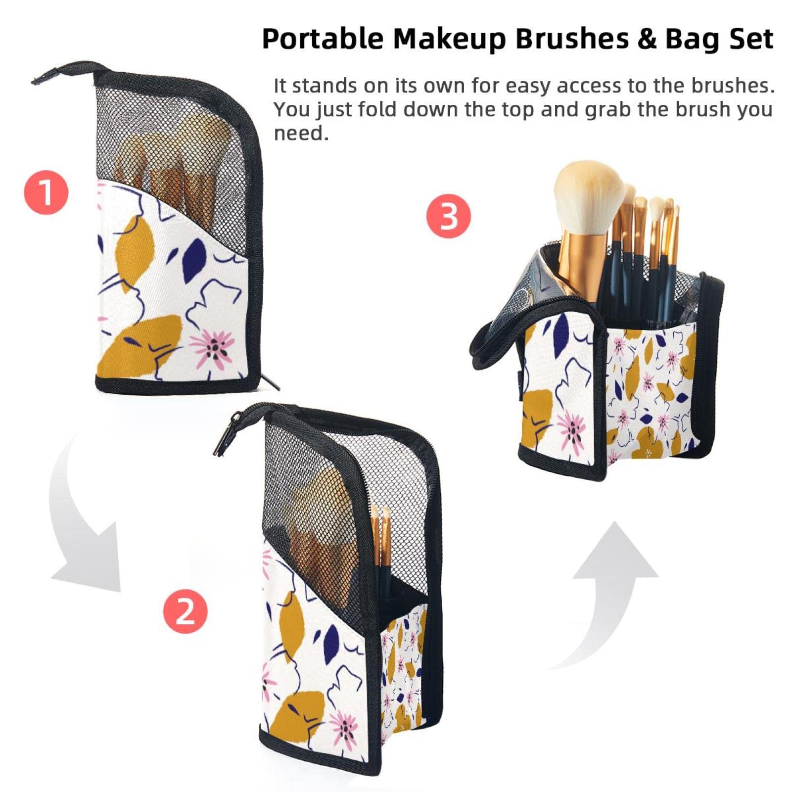 12-Piece Makeup Brush Organizer Bag with Vector Flower Pattern - Portable Cosmetic Brush Holder Case for Travel & Home Storage (Yellow)