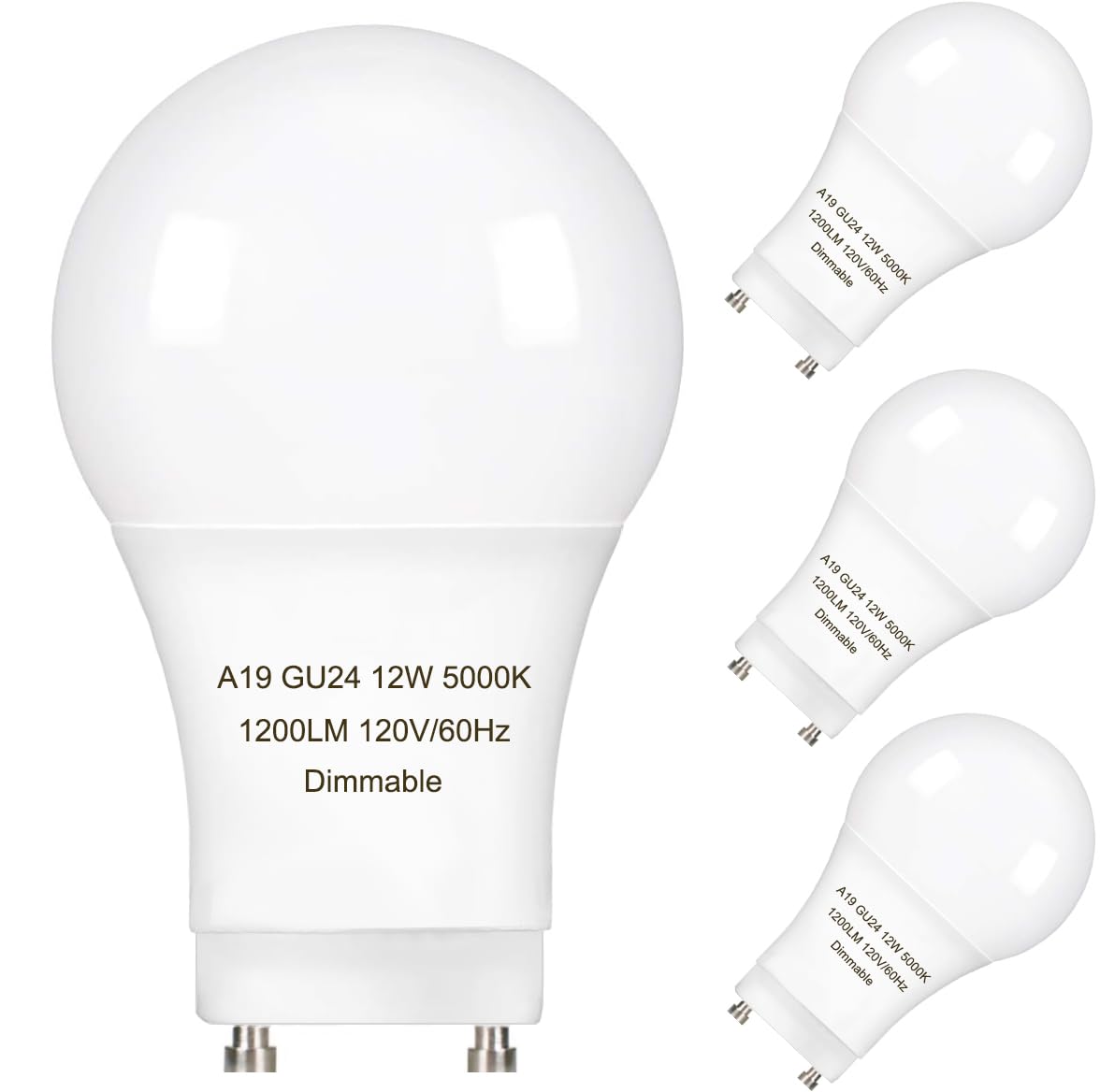 GU24 LED Bulbs 5000K Daylight White - Dimmable 12W (75W Equivalent) A19 Light Bulbs, 1200 Lumens, GU24 Twist Base - 4 Pack - Perfect for Home, Office & Commercial Lighting