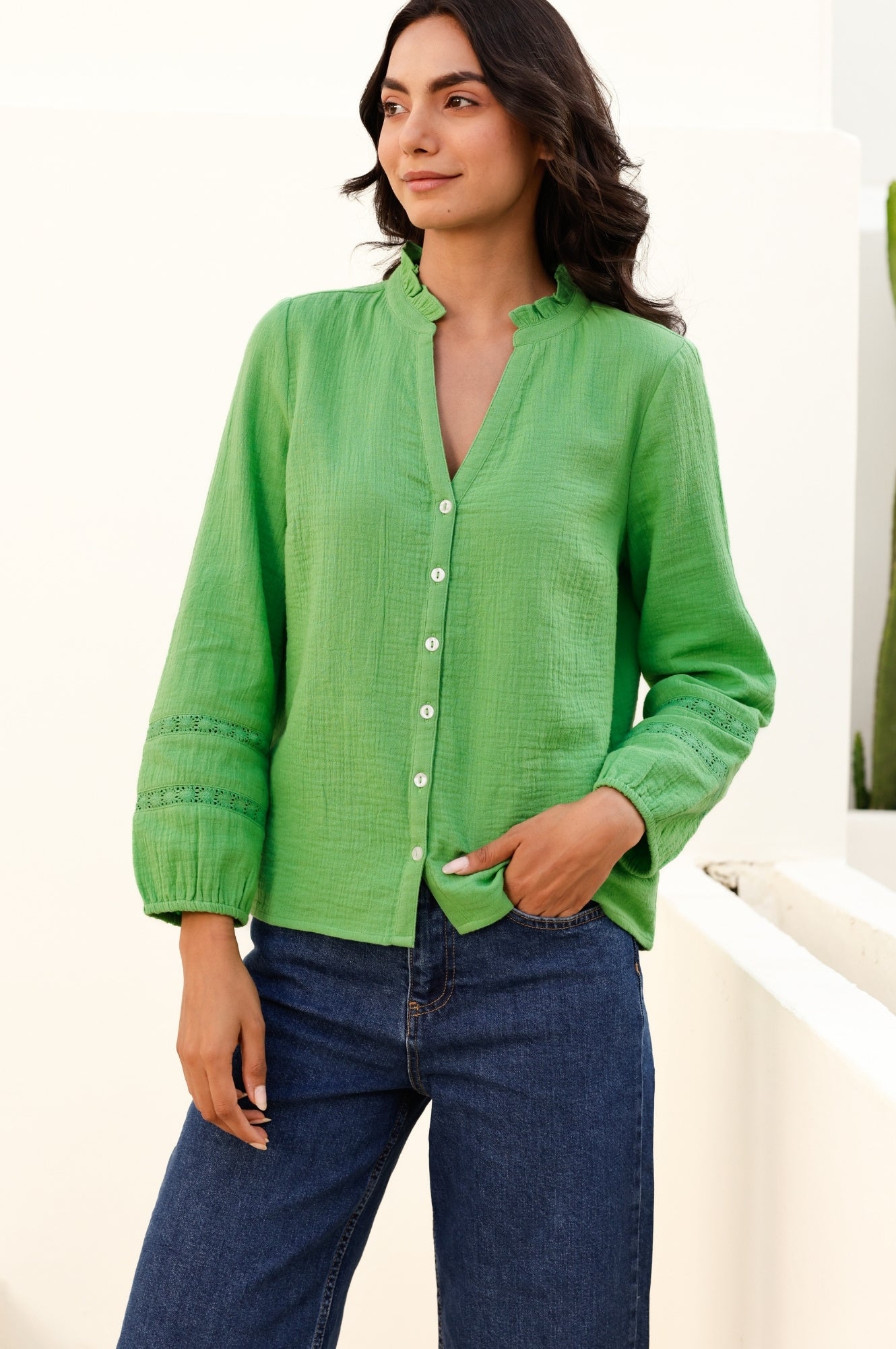 Organic Cotton Cheesecloth Blouse for Women - Breathable Green Boho Top | Perfect for Summer Outfits, Beach Cover-ups & Casual Wear