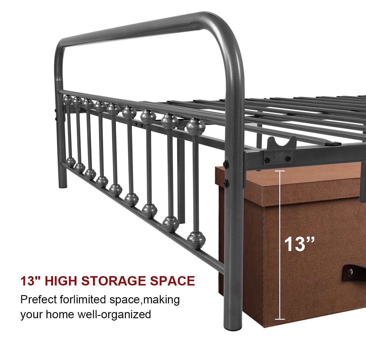 Queen Size Metal Bed Frame with Headboard & Footboard - Sturdy Iron-Art Platform Mattress Base in Gray Silver | Perfect for Modern Bedrooms, Guest Rooms & Dormitories