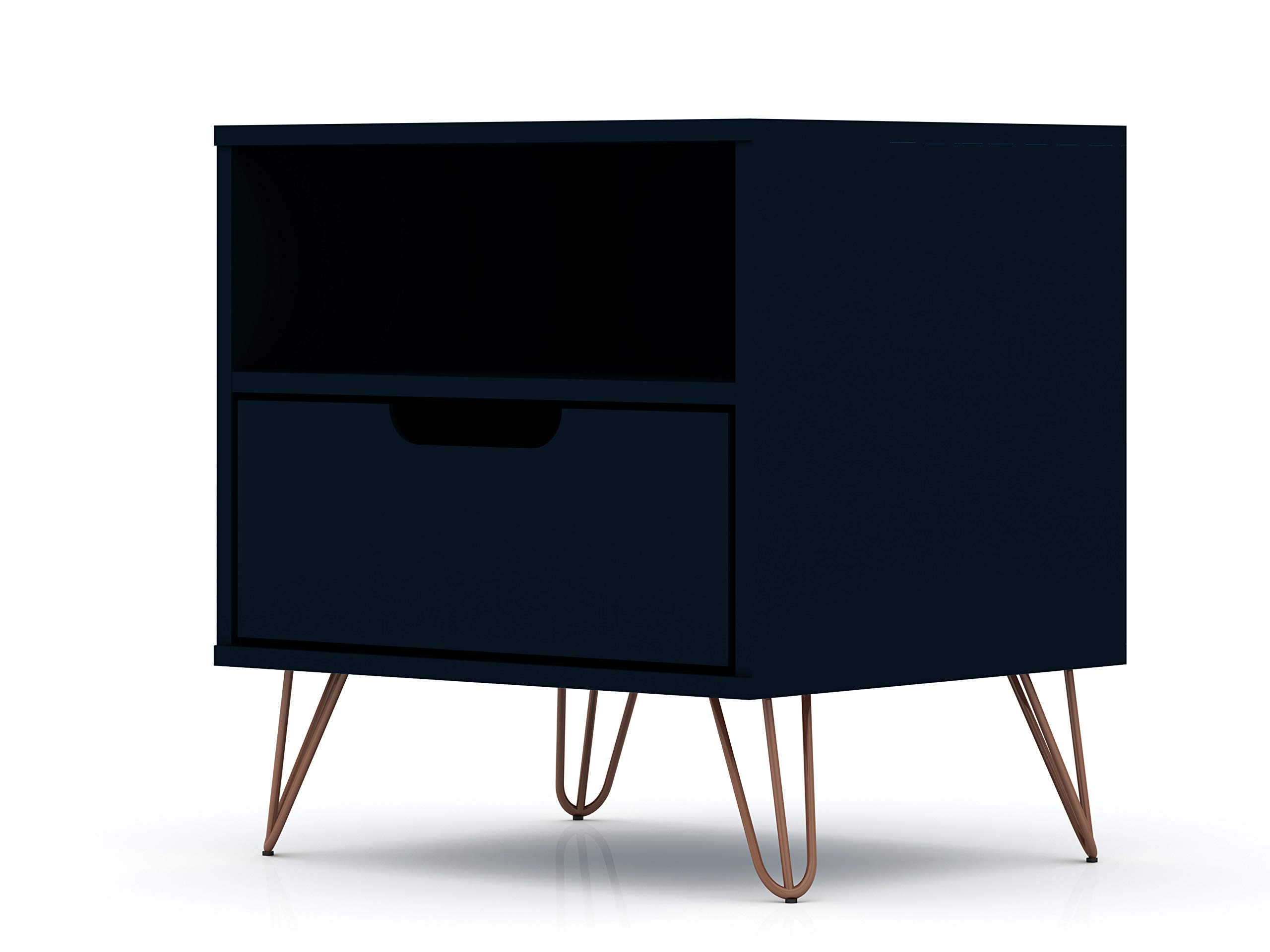 Mid Century Modern Nightstand with Drawer & Cubby - Minimalist Bedside Table for Bedroom & Living Room - Storage Organizer Display Shelf - Midnight Blue - Perfect for Small Spaces & Apartment Decor