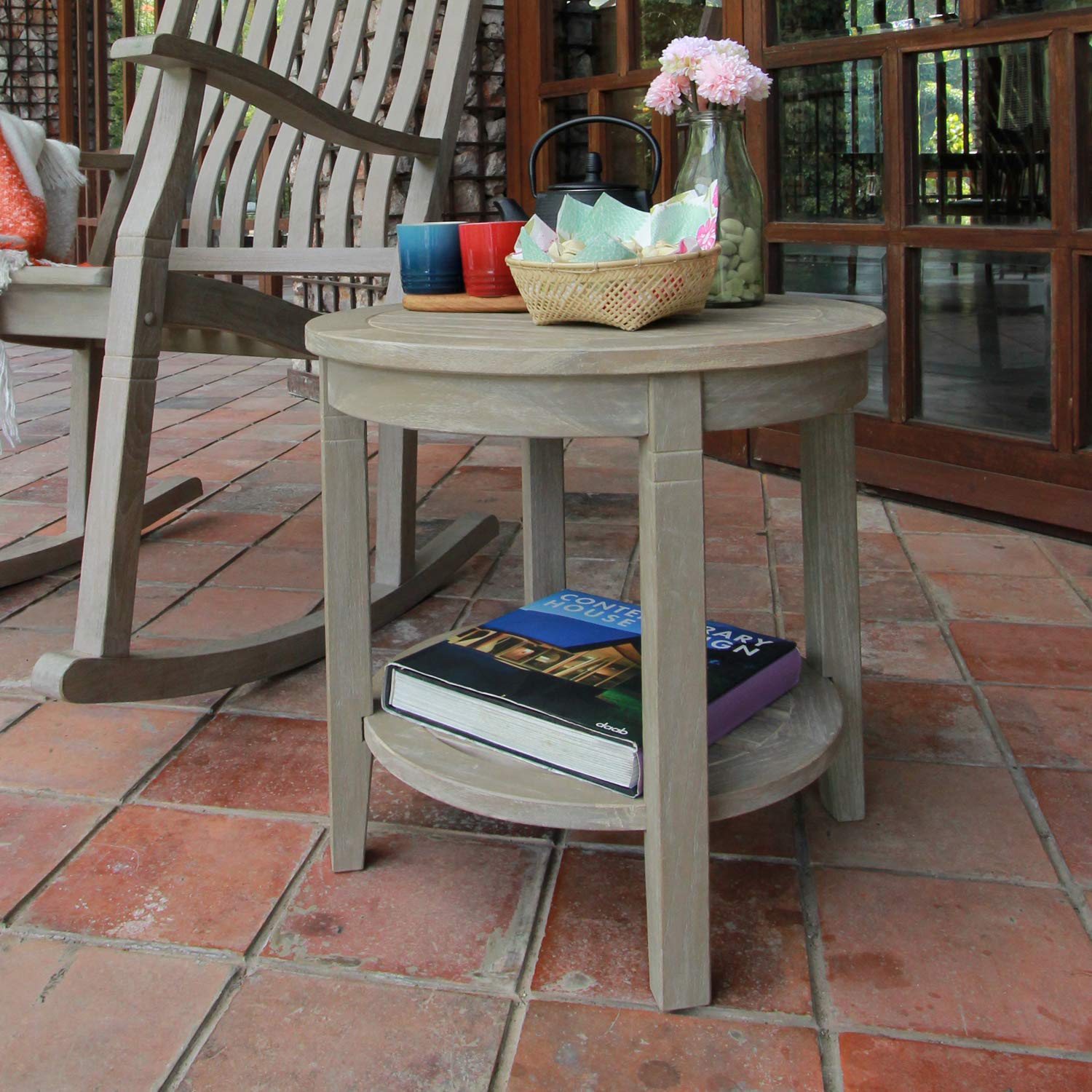 Premium Indonesian Teak Arie Outdoor Round Side Table - Weather-Resistant Weathered Gray Finish - Perfect for Patio, Garden, and Poolside Decor