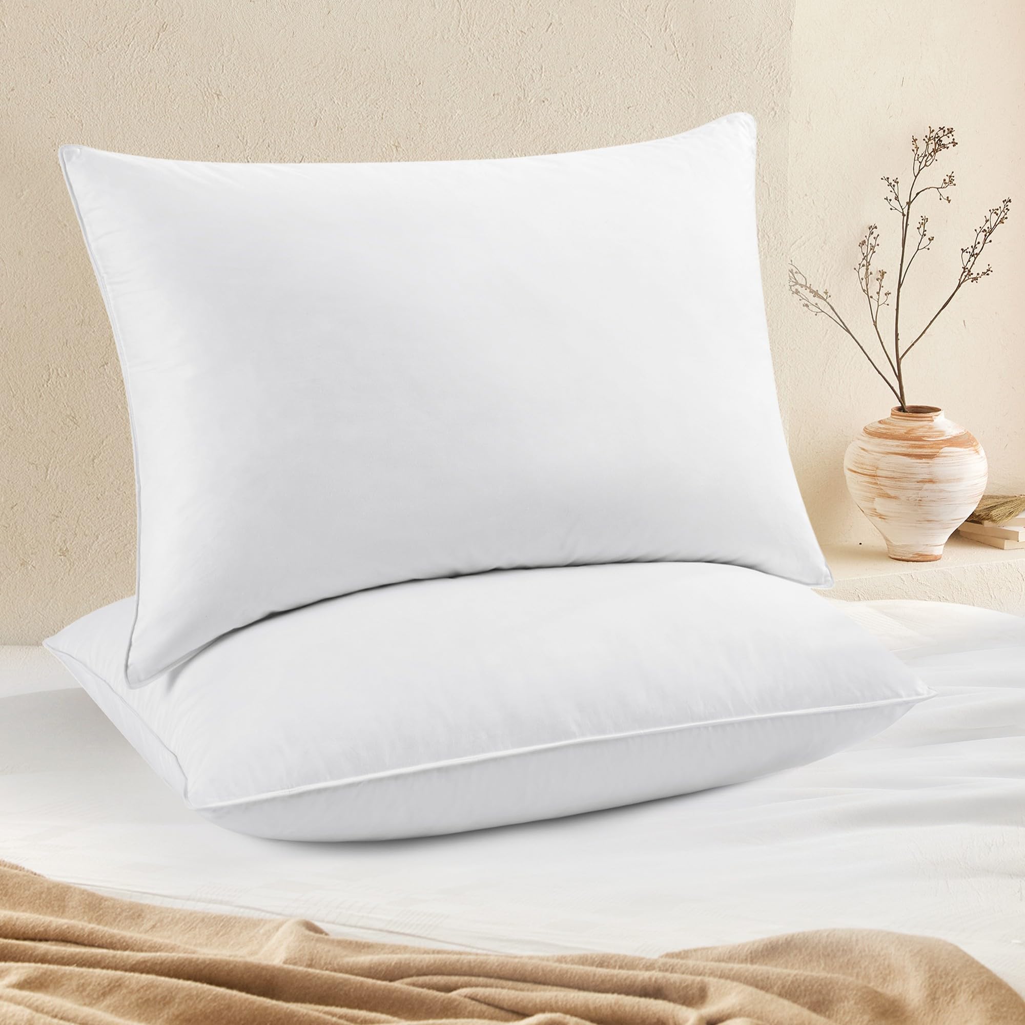 Puredown® 100% Cotton Feather Pillows Set of 2 - Standard Size Bed Pillows for Sleeping - Soft & Supportive for Side, Back & Stomach Sleepers - Perfect for Home, Hotel & Guest Room Use