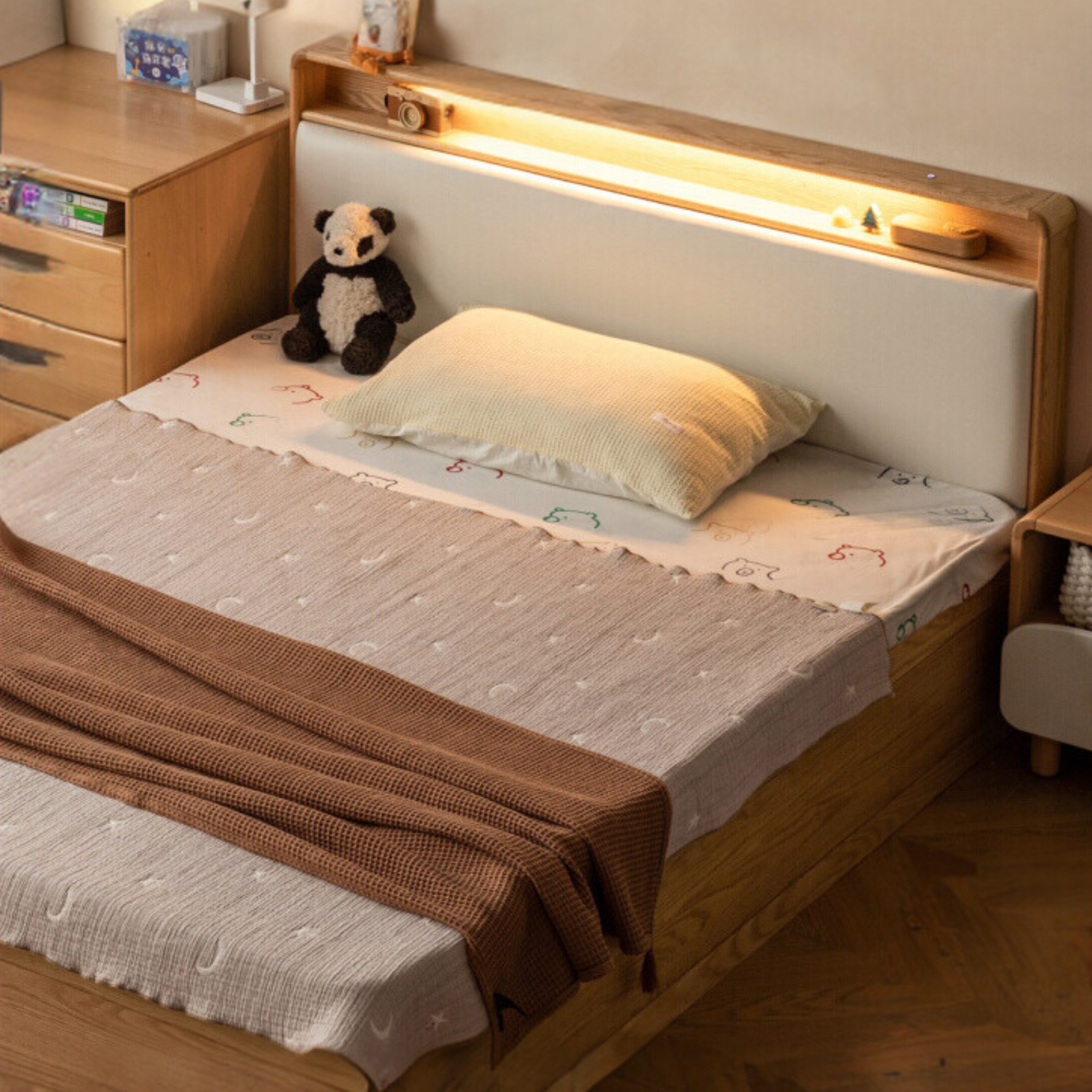 Solid Oak Wood Multifunctional Storage Bed with LED Lights - Perfect for Modern Bedrooms, Guest Rooms, and Small Space Living