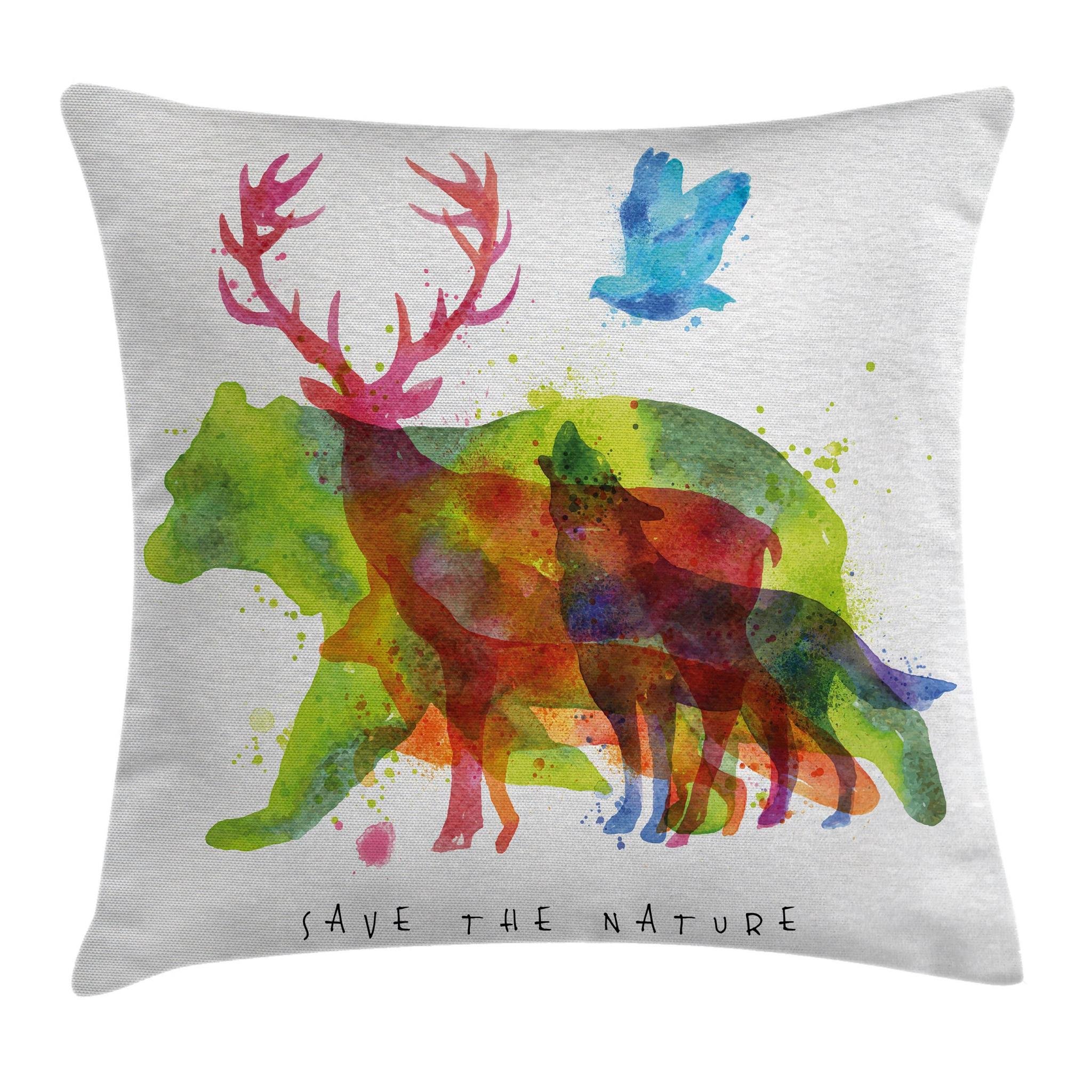 Ambesonne Abstract Animal Throw Pillow Cover 26x26 Inches - Gray & Green Alaska Wildlife Bears Wolves Eagles Deer Print - Decorative Square Accent Cushion Case for Living Room, Bedroom, Sofa Decor