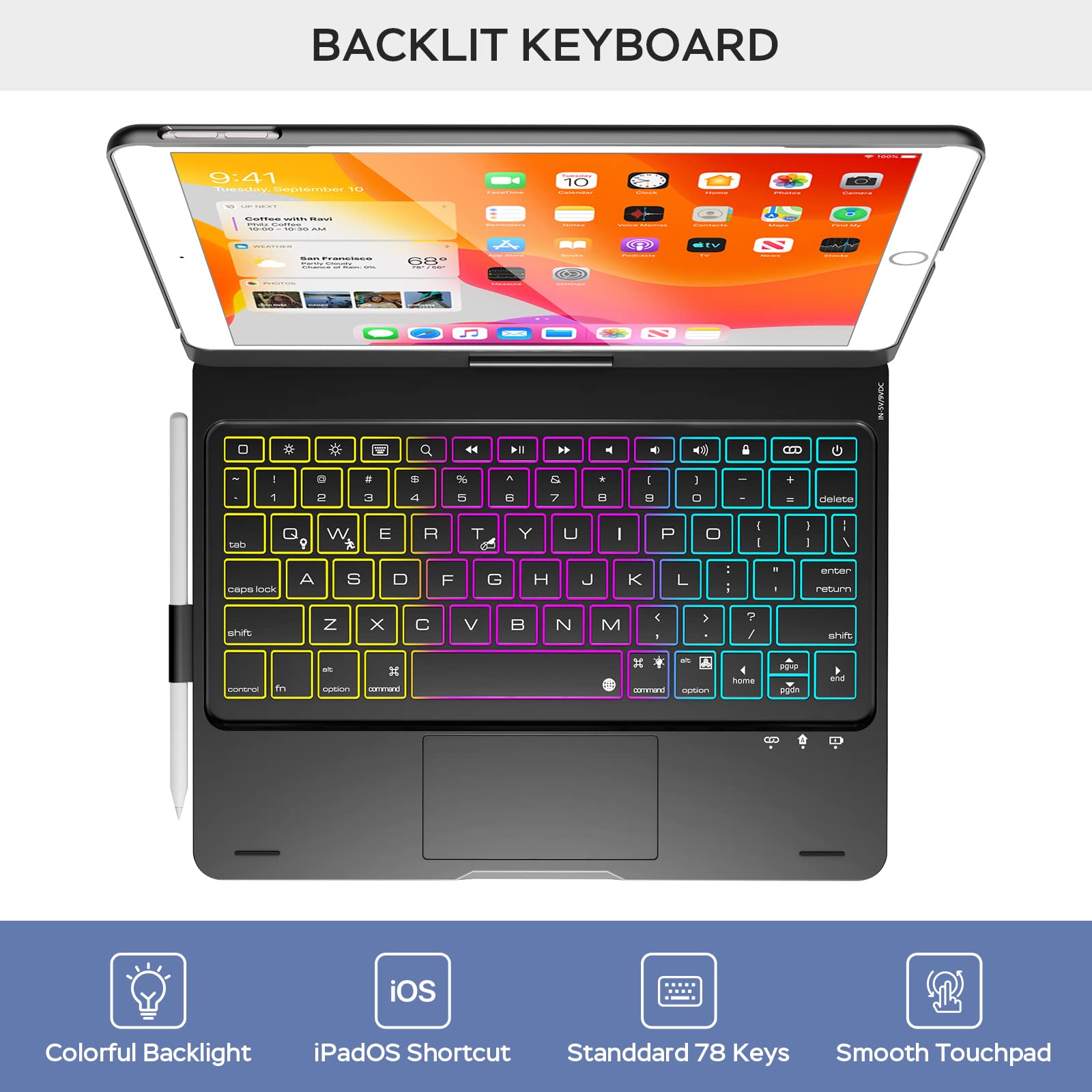 NOKBABO iPad 9th Generation Case with Keyboard - 360° Rotatable Touchpad, 7-Color Backlight & Pencil Holder for iPad 9th/8th/7th Gen 10.2