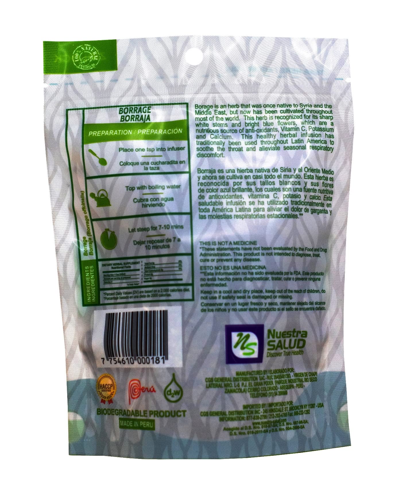 Nuestra Salud Borage Herb Tea - 100% Natural Dried Borraja Tea, Traditional Herbal Tea (1.06oz) in Resealable Zip-Lock Bag - Perfect for Relaxation, Detox & Immune Support