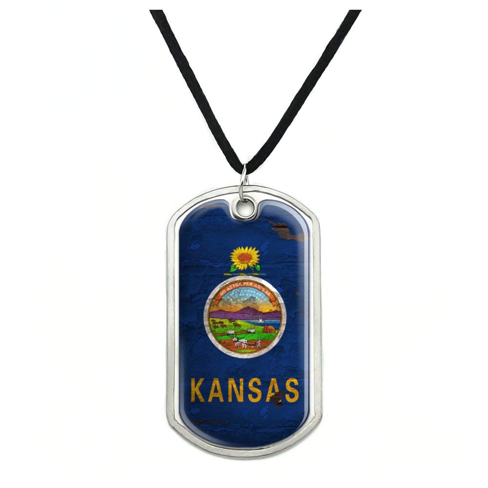 Vintage Kansas State Flag Distressed Military Dog Tag Pendant Necklace with Cord - Patriotic USA Military Style Jewelry for Men & Women - Perfect for Outdoor Adventures, Travel & Everyday Wear