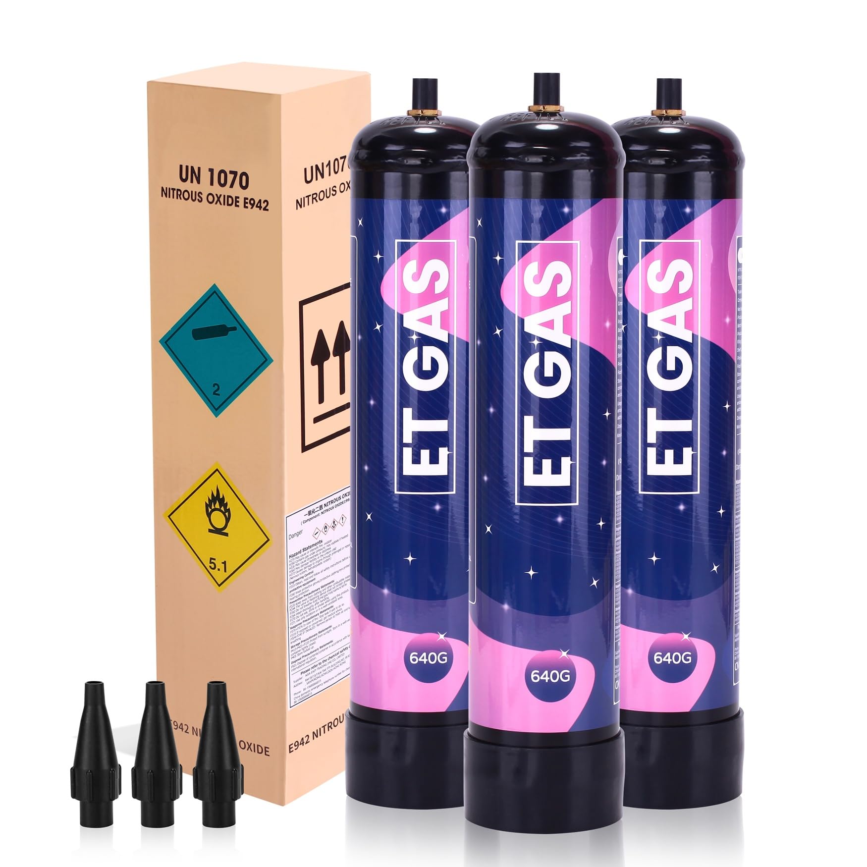 1L Nitrous Oxide Tank 640g Whipped Cream Charger 3-Pack - Professional Grade for Dessert Topping, Coffee Creamer & Cocktail Mixing