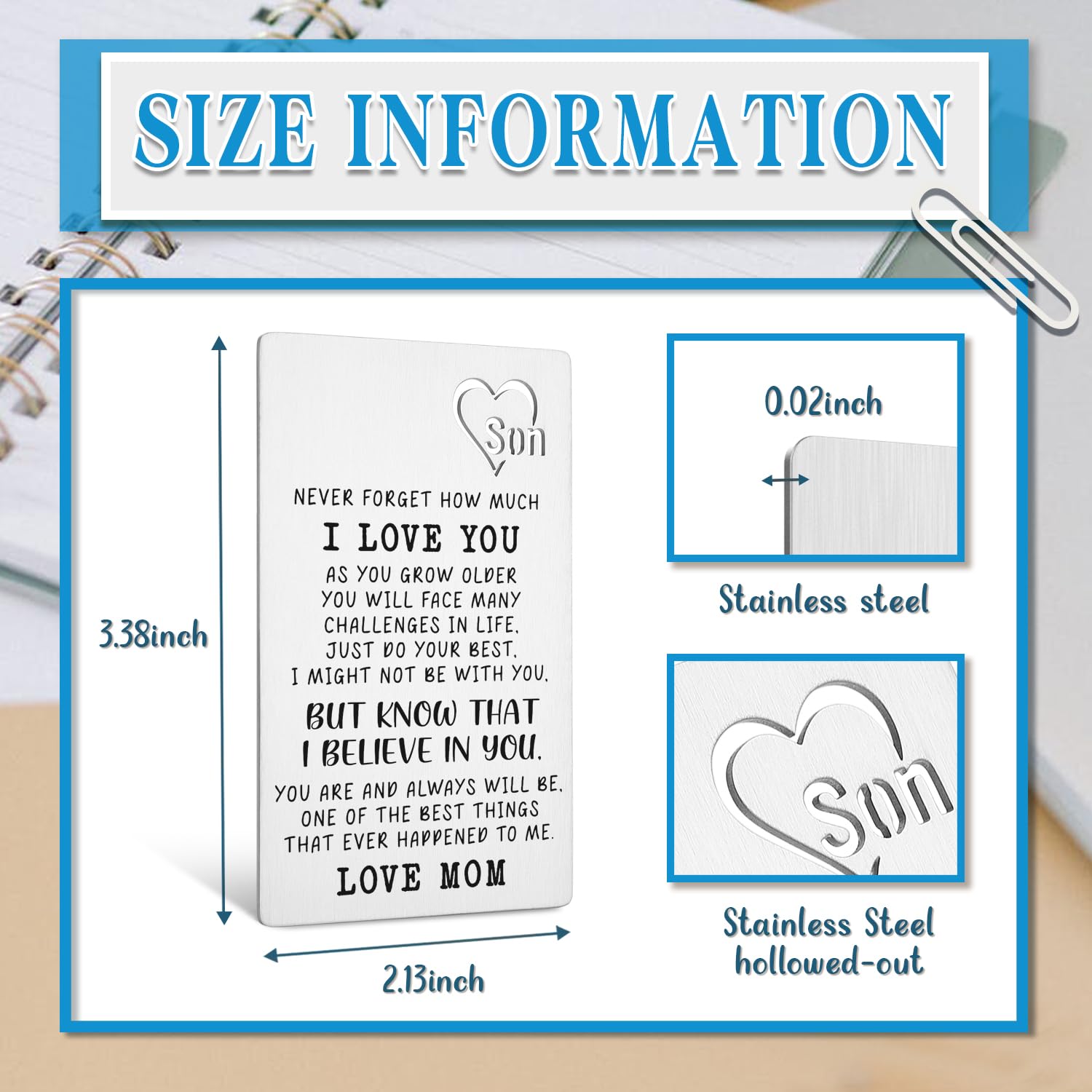 TRCENDE Engraved Metal Card for Son - Inspirational Gift from Mom for Graduation, Birthday & Christmas