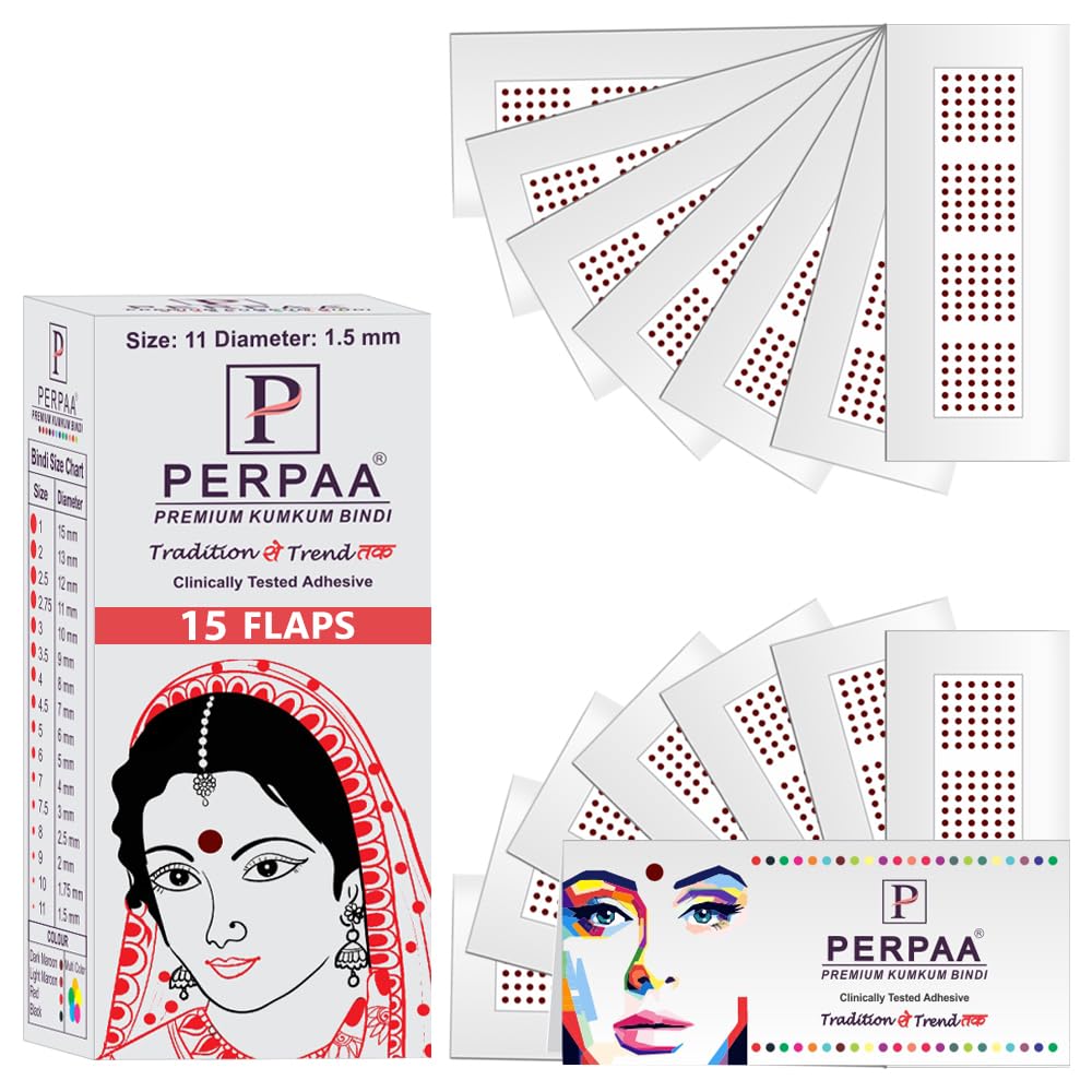 PERPAA Kumkum Dark Maroon Round Bindi Stickers for Women - 11 Pack (1.5mm Diameter) - Traditional Indian Forehead Decoration for Weddings, Festivals & Daily Wear