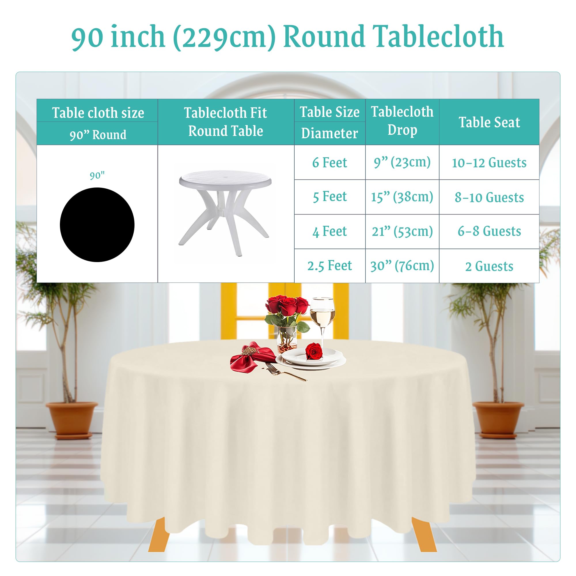 Premium Ivory Cotton Polyester Round Tablecloth - 90 Inch Washable Table Cover for Dining Room, Wedding, Christmas Party & Holiday Decor (Pack of 10)