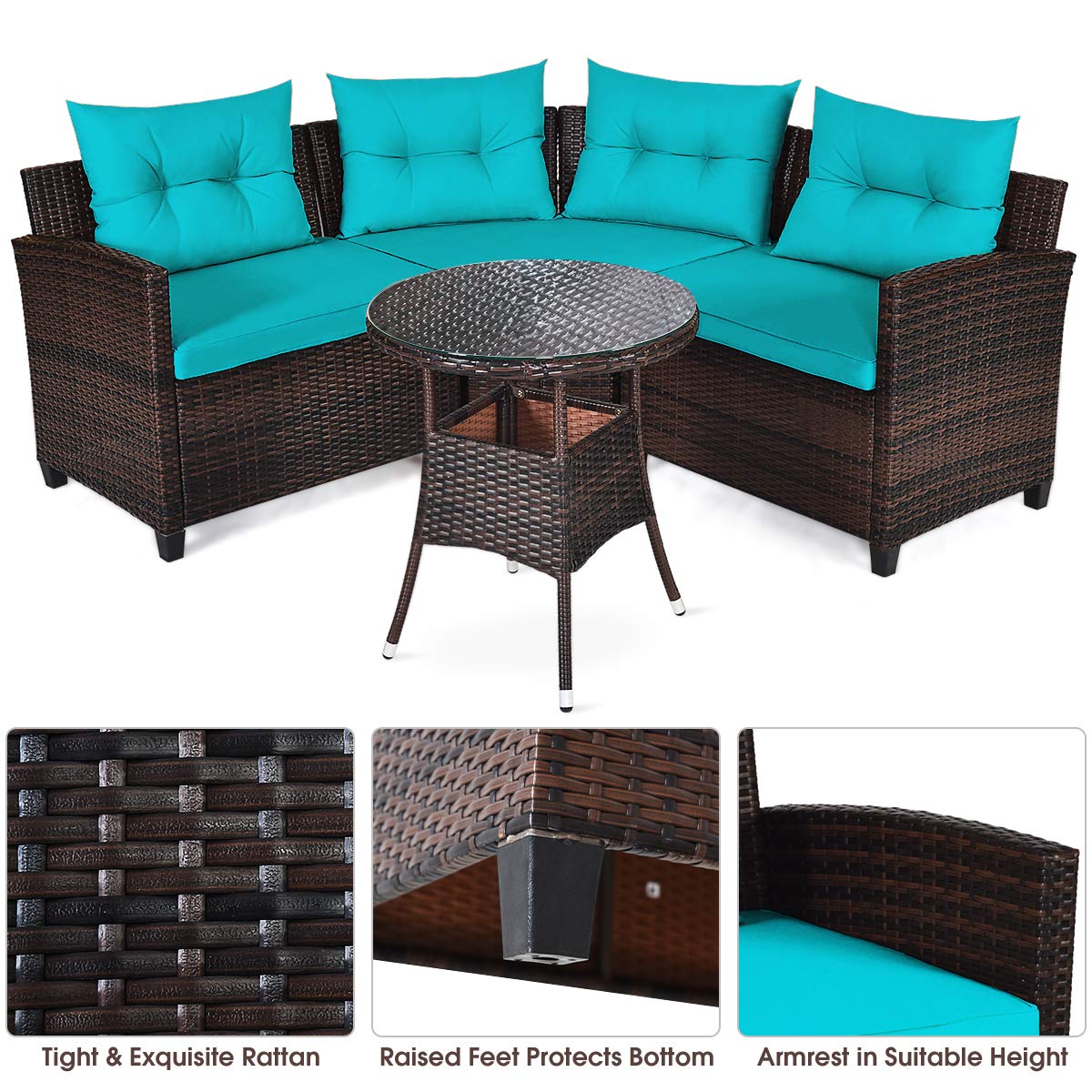 HAPPYGRILL 4-Piece Outdoor Patio Furniture Set - Rattan Wicker L-Shaped Sectional Sofa with Cushions & Coffee Table - Weather-Resistant Garden, Poolside, Balcony Conversation Set for Relaxing & Entertaining