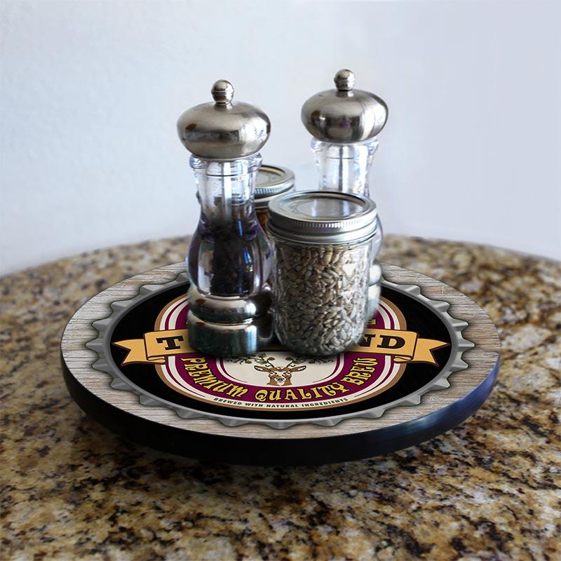 Custom Personalized Wooden Lazy Susan Turntable with Bottle Cap Design - Handmade in USA - Perfect for Dining Table, Kitchen Organizer, and Spice Rack Accessories