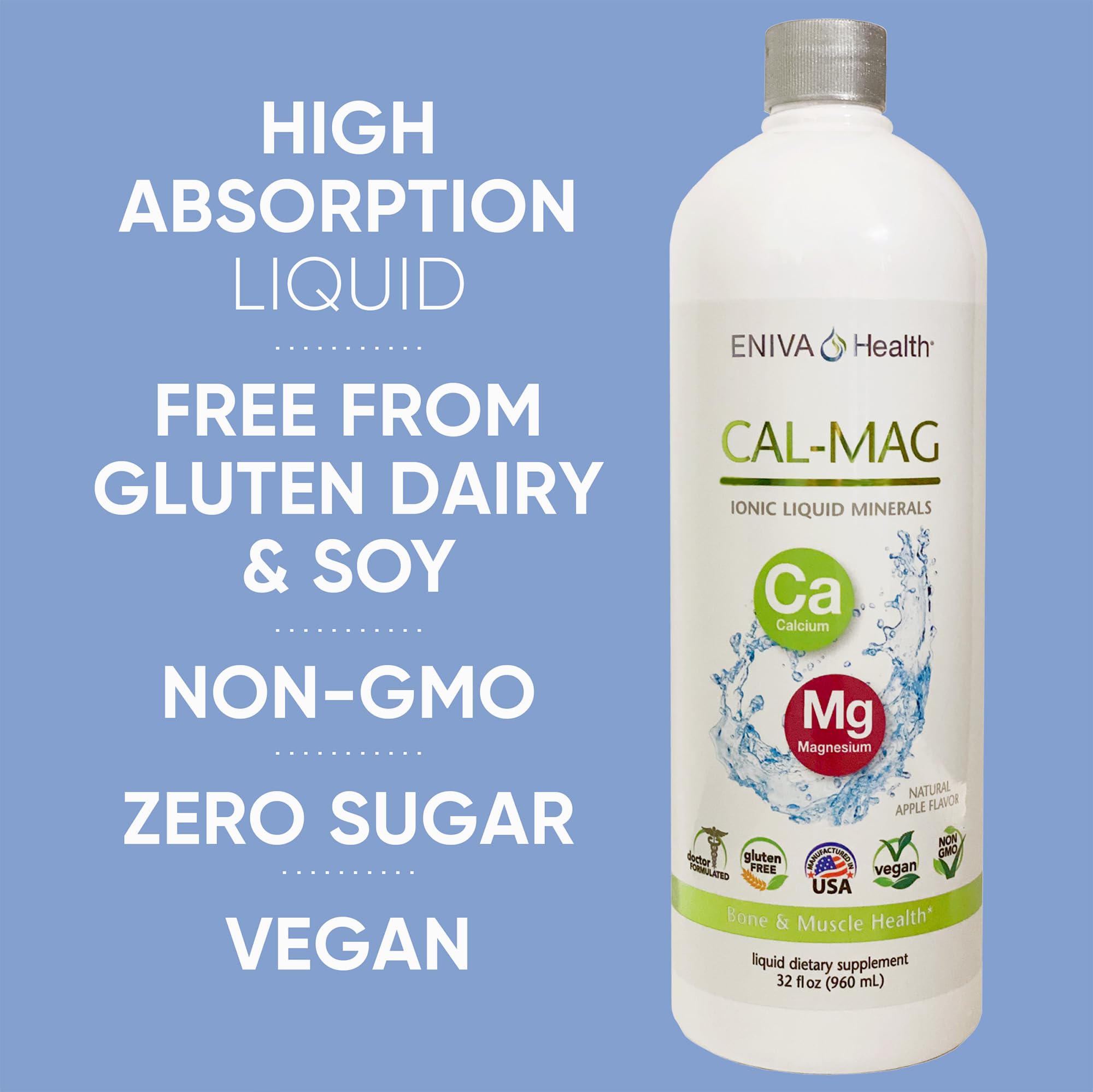 Eniva Health Liquid Ionic Calcium Magnesium Supplement (32oz) - Doctor Formulated for Strong Bones, Hair & Nails - Zero Calories, No Sugar Added - Supports Joint & Muscle Health - Perfect for Active Lifestyles & Bone Density Support