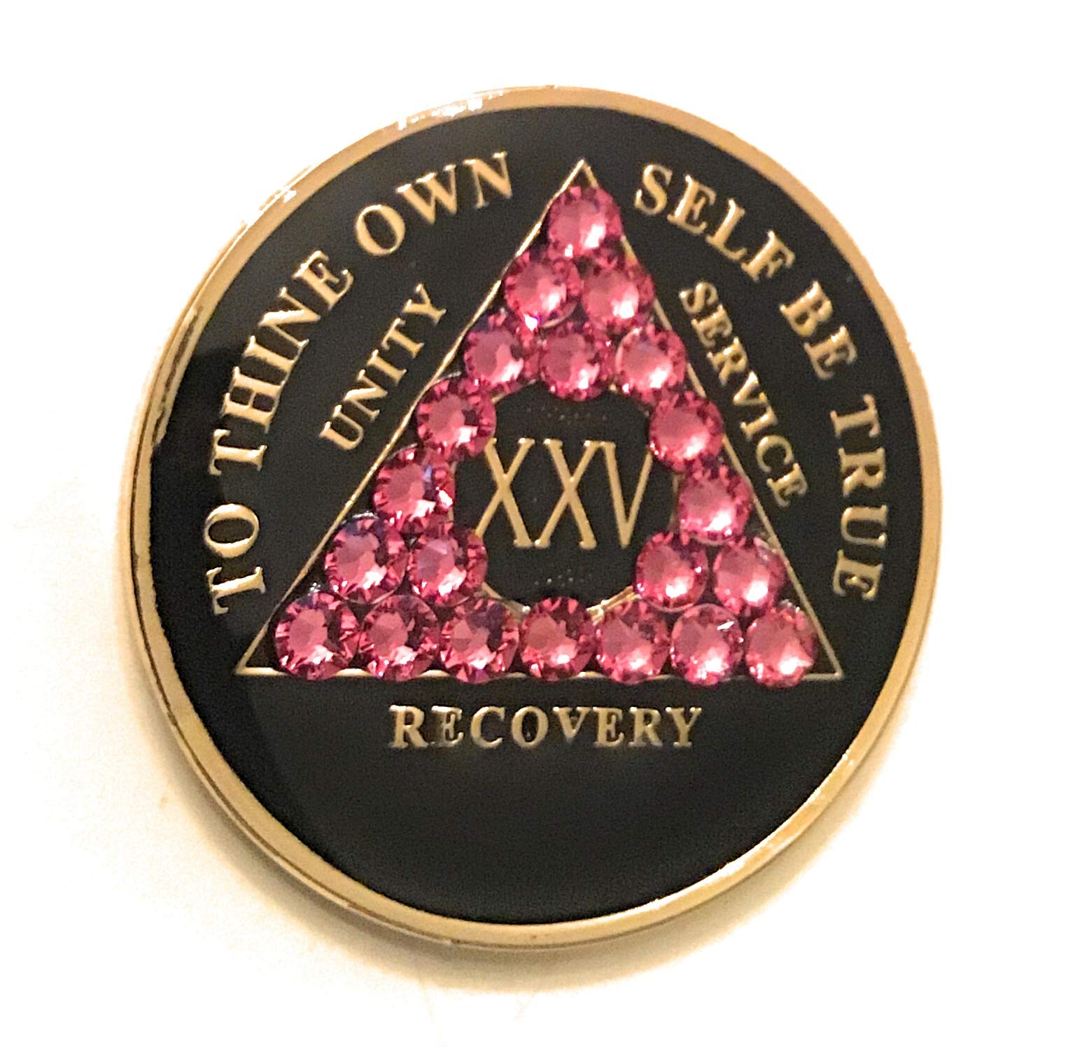 25-Year AA Black Medallion with Pink Swarovski Crystals - Recovery Chip, Token & Bling Jewelry for Sobriety Milestones & 12-Step Programs