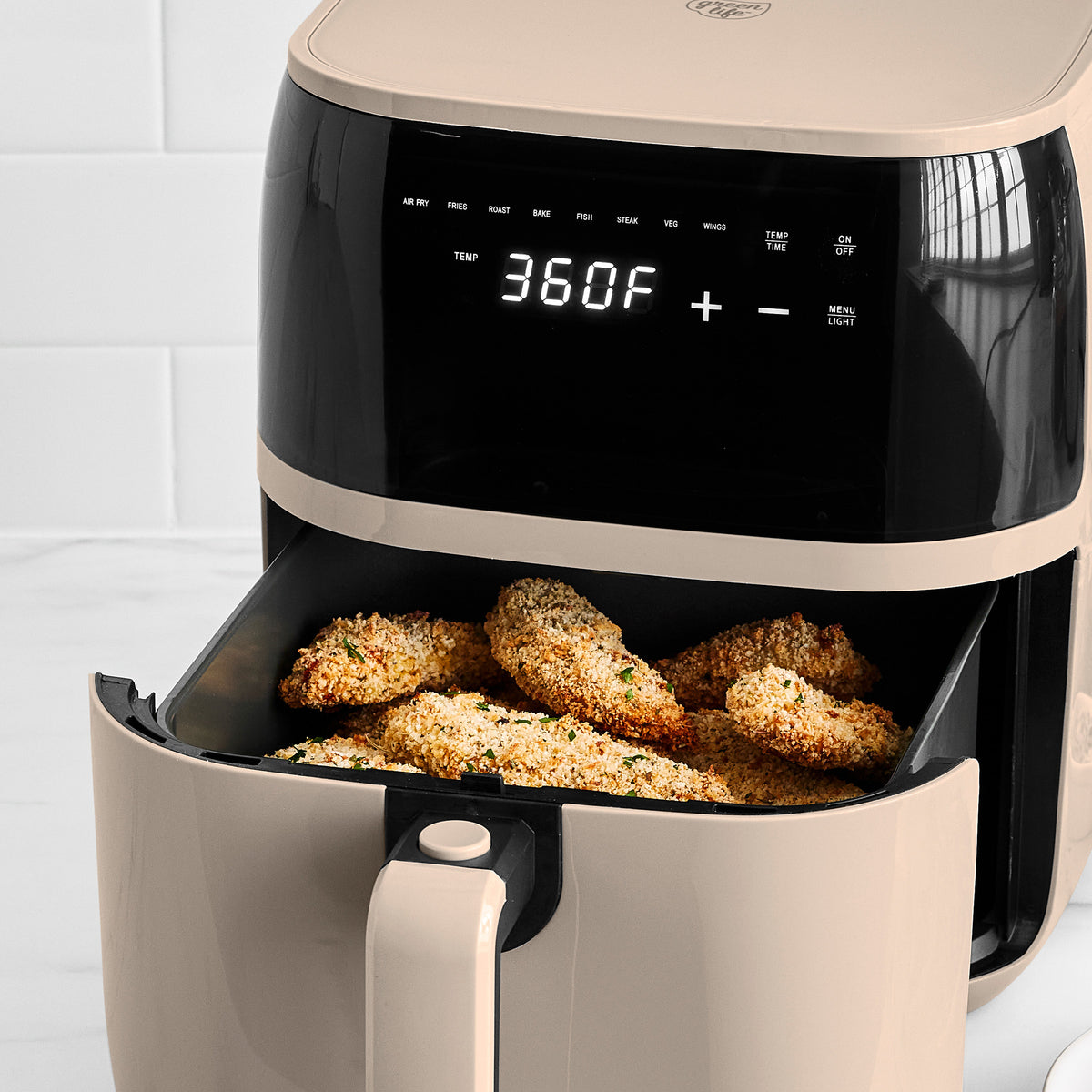 GreenLife 5.3 Quart Digital One Touch Air Fryer - Healthy Oil-Free Cooking, Taupe Color | Perfect for Family Meals, Quick Snacks & Low-Fat Recipes