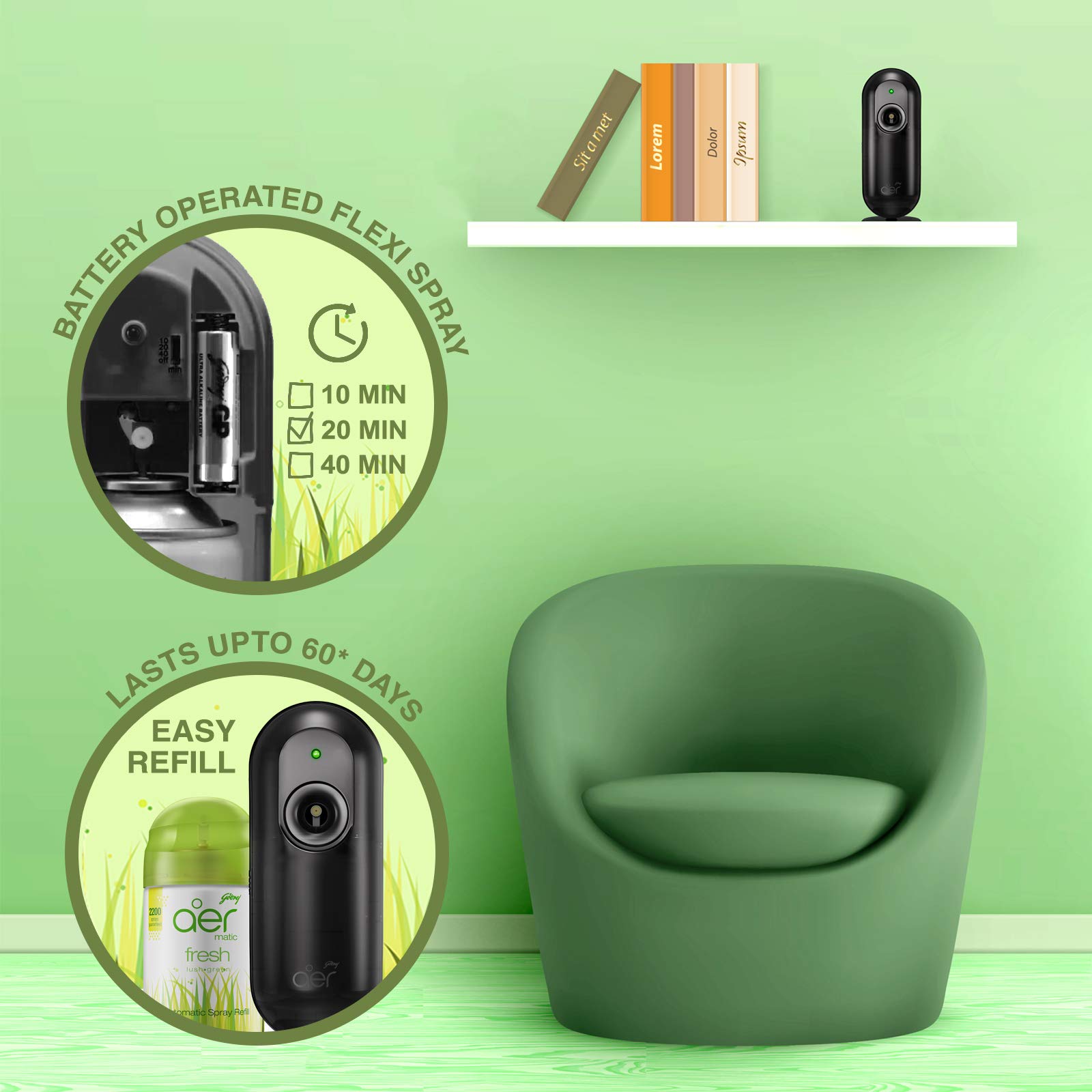 Godrej Aer Matic Automatic Room Freshener Refill - Fresh Lush Green Scent | 2200 Sprays | Lasts 60 Days | 225ml (134g) Air Freshener for Home, Office & Car | Eliminates Odors & Creates Fresh Atmosphere