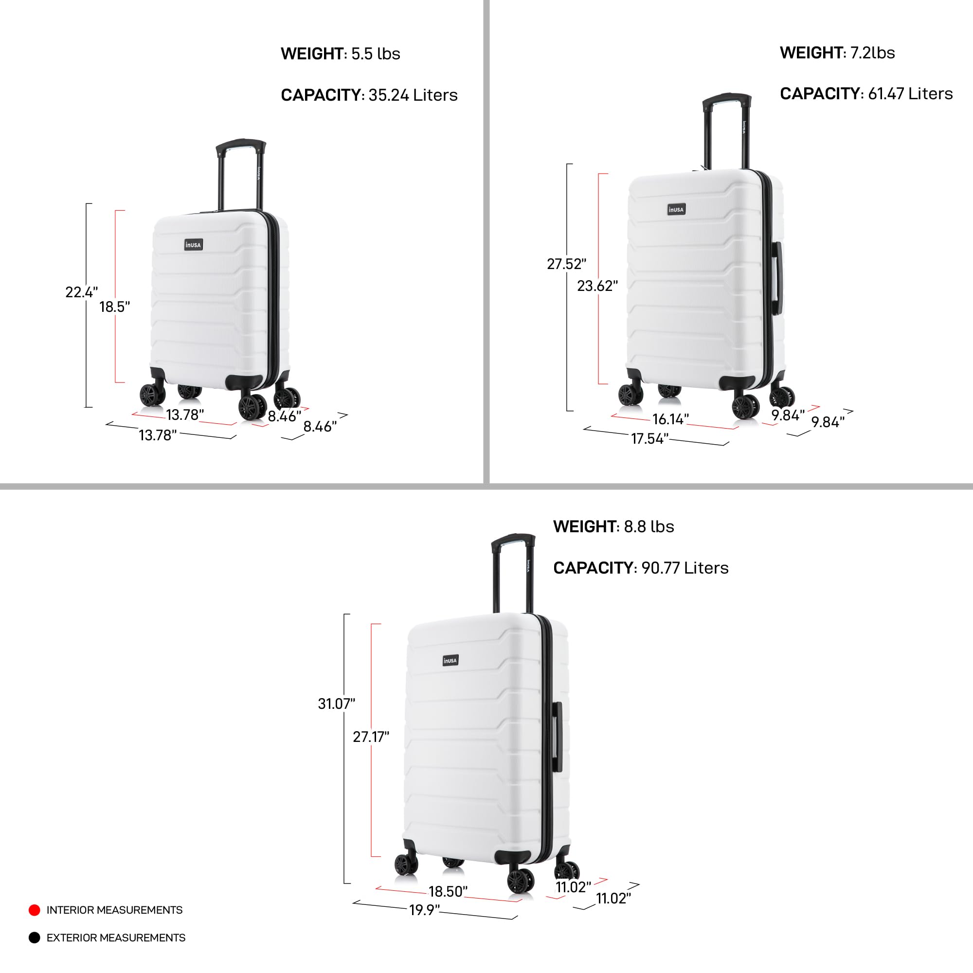 InUSA TREND 3-Piece Hardshell Luggage Set with 360° Spinner Wheels - Durable Lightweight Suitcase for Travel (20in, 24in, 28in, White) - Perfect for Business Trips, Family Vacations & International Travel