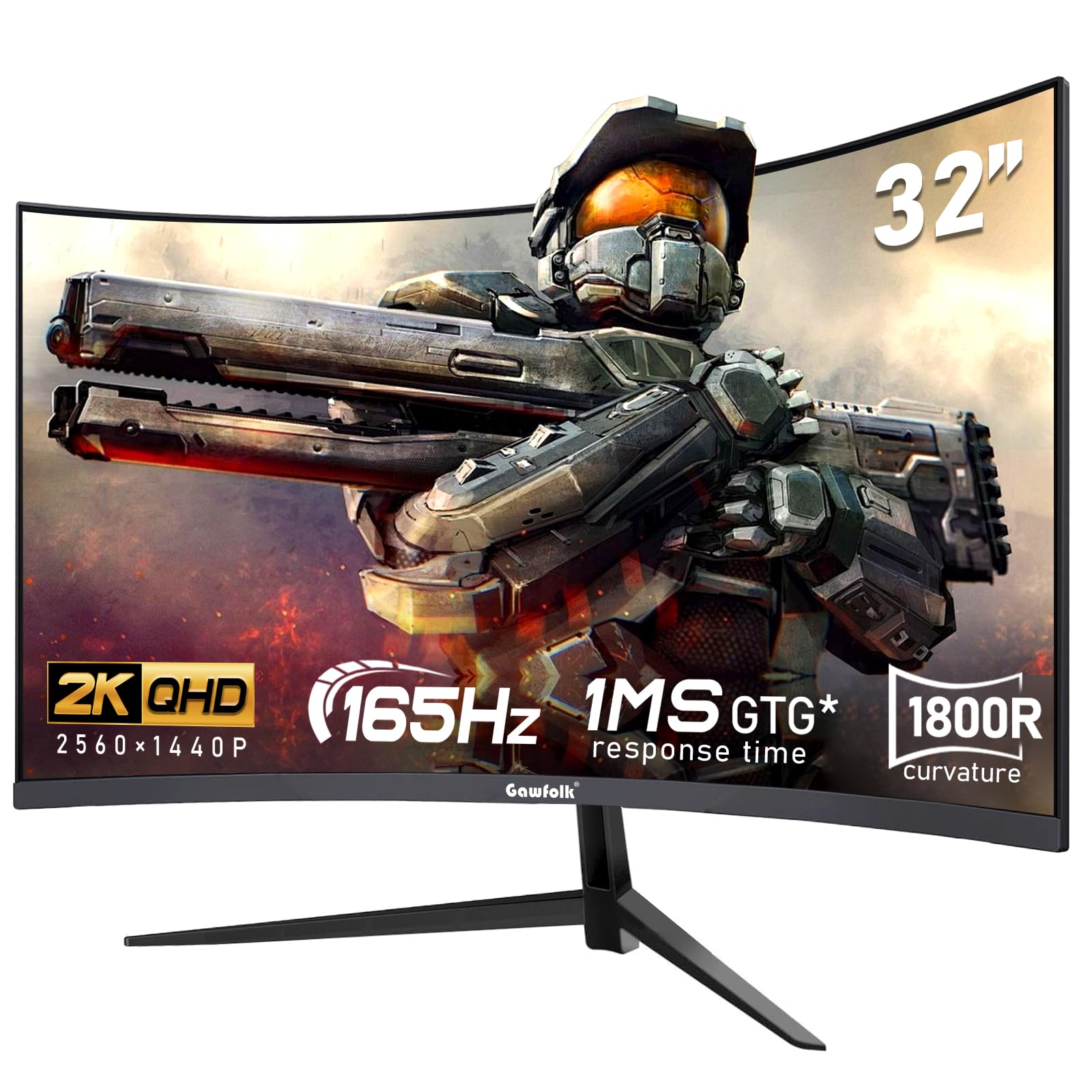 Gawfolk 32-inch 2K WQHD (2560×1440) 165Hz Curved Gaming Monitor - 1ms Response, AMD FreeSync, 100% sRGB, 178° Viewing Angle, HDMI/DisplayPort, VESA Mount - Perfect for PC Gaming, Esports & Home Office Setup - Black