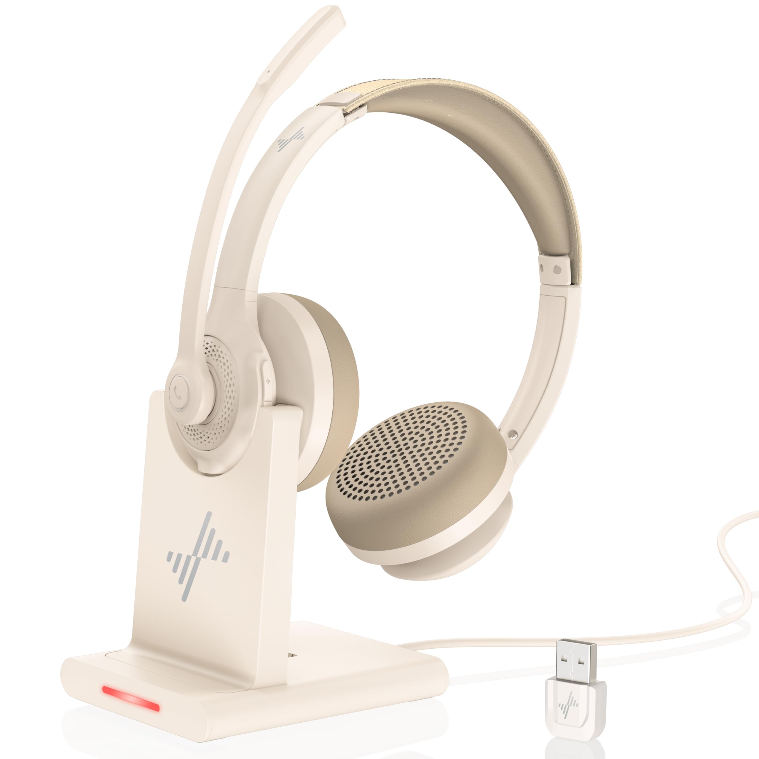 AI Noise Cancelling Wireless Bluetooth Headset V5.2 with USB Dongle & Charging Base - Mic Mute Function for Computer, Laptop, PC, iPhone, Android (White) - Perfect for Home Office, Online Meetings & Gaming